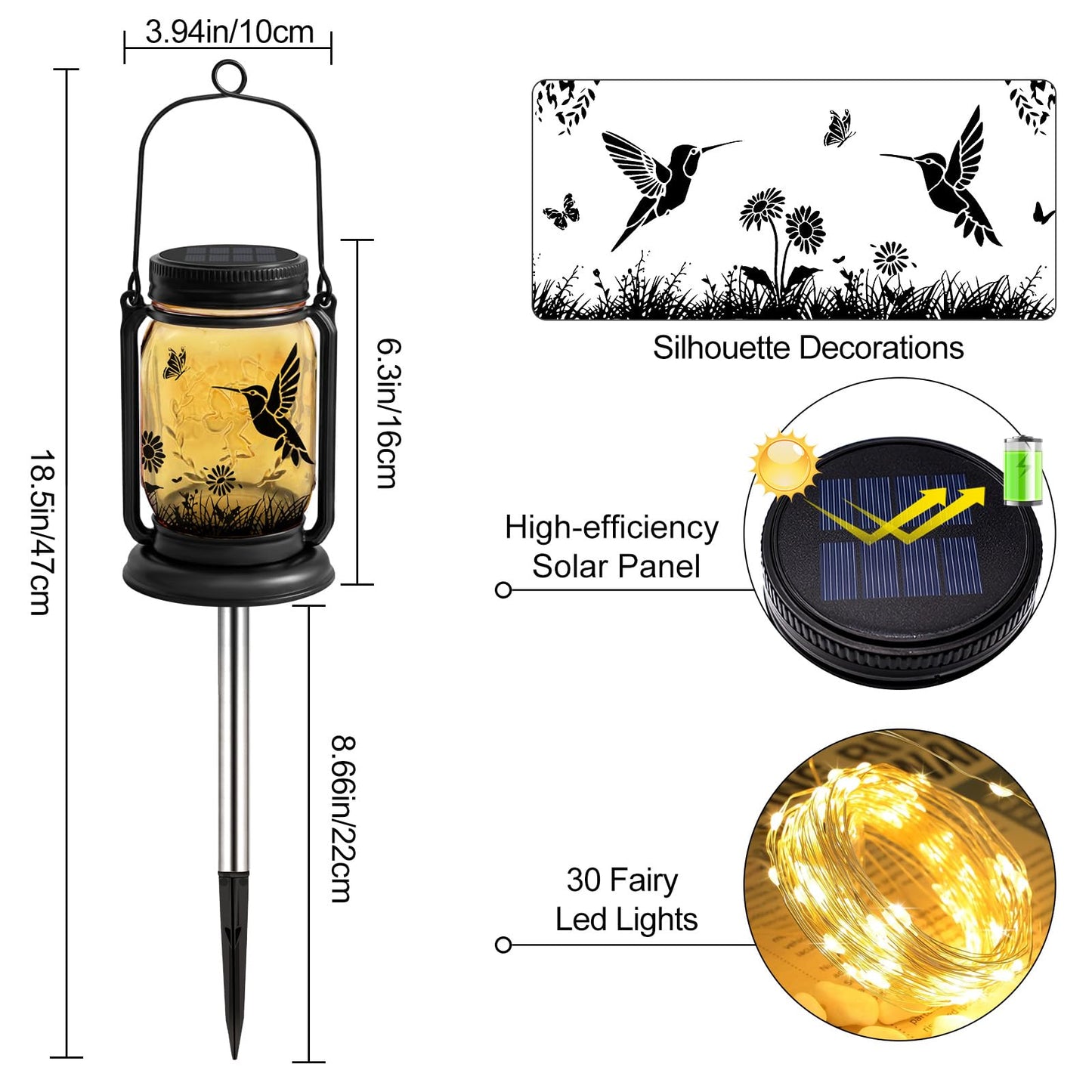 Hummingbird Solar Lanterns 3-in-1 Outdoor Waterproof - Birthday Gifts for Women Mom Christmas, Mason Jar Hanging Lanterns with Stake, Garden Decor Lights for Patio Yard Porch Lawn Balcony Decorations