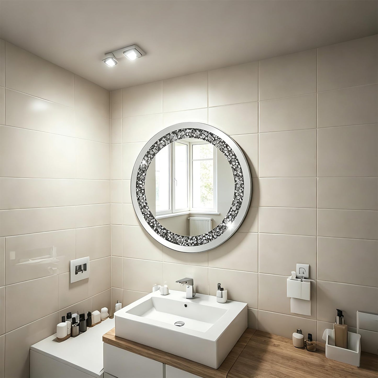24 Inch Crushed Diamond Round Glass Wall Mirror, Bathroom Mirror, Wall Decoration Hanging Mirror, Suitable for Living Room, Bedroom, Vanity