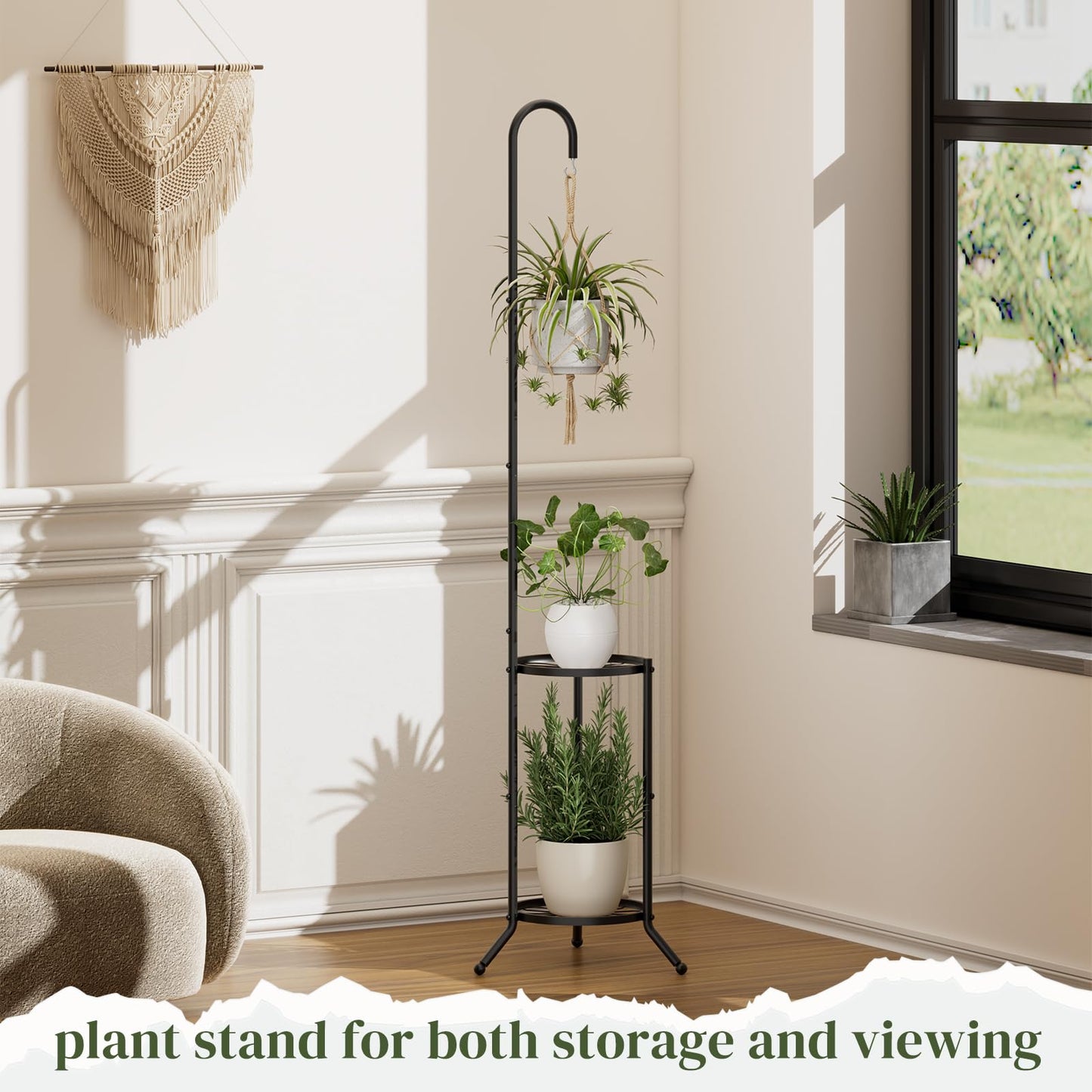 PULIJIAJU 2-tier Hanging Plant Stand Indoor and Outdoor, Space-Saving Iron Plant Shelf, 3 Potted Flower Pot Stand ,Planter Holder for Bedroom Balcony Living Room Patio Garden(Hook Style)