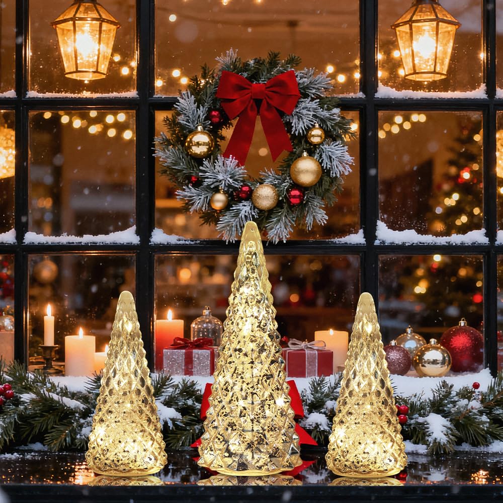 Christmas Decorations Indoor, YEAHOME Set of 3 Pre-lit Gold Glass Christmas Tree for Home Decor, Christmas Table Decorations Lighted Xmas Tree with Timer for Living Room Mantel Tabletop Party