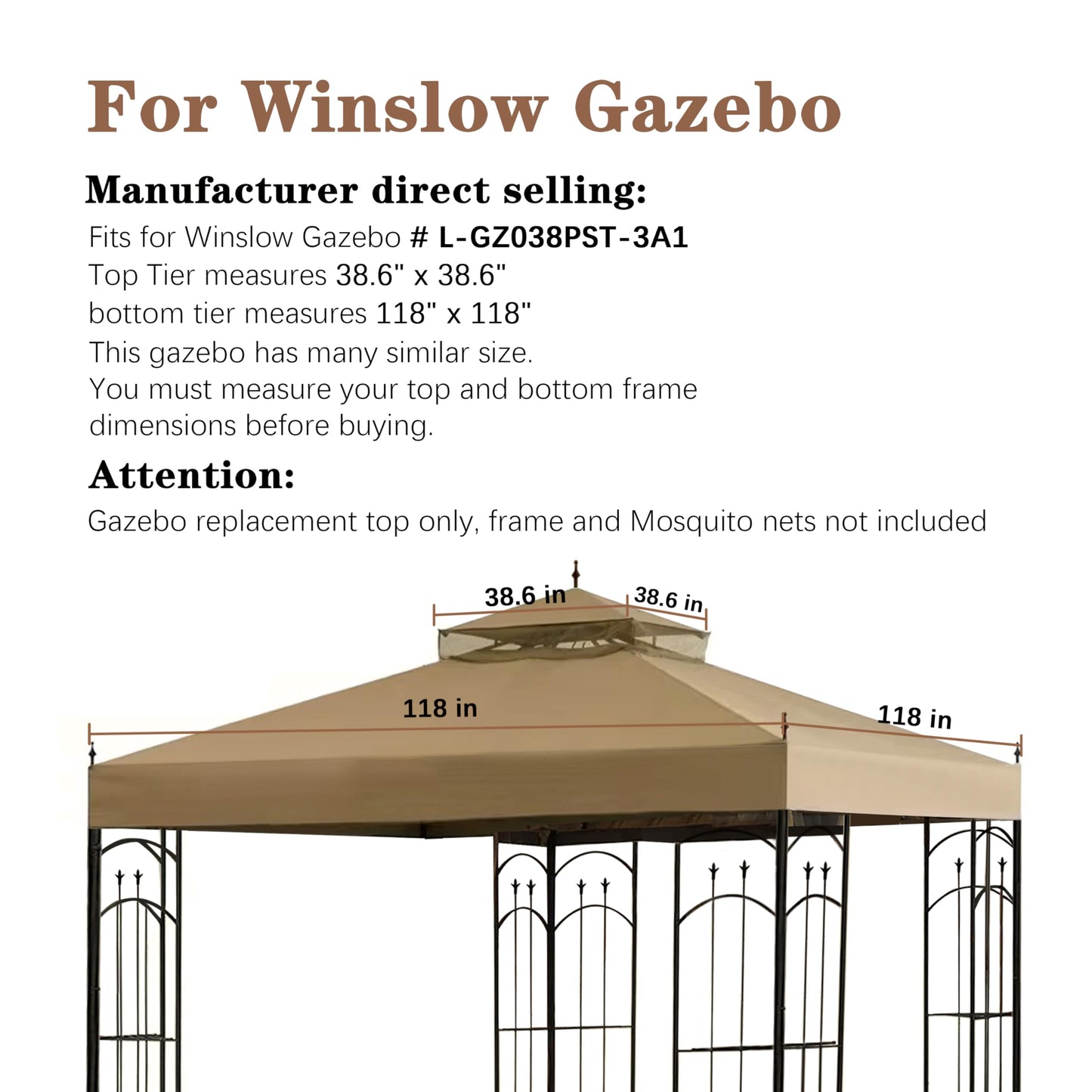 SCOCANOPY Gazebo Replacement Cover Top Fit for Winslow Gazebo (10X10 FT) Modle # L-GZ038PST-3A, (Beige)
