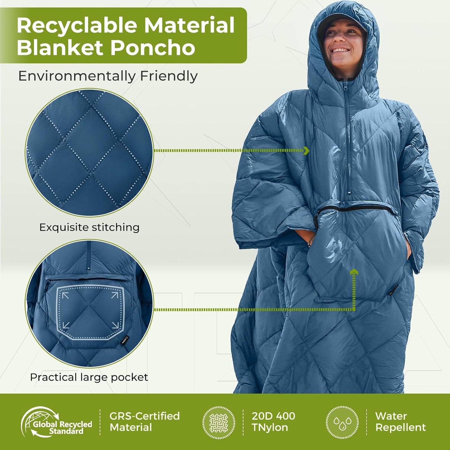 ATEPA Wearable Sleeping Bag, Recycled Insulated Water-Resistant Camping Blanket Poncho, Ultralight Packable Hooded Stadium Blanket for Outdoor Sports Fishing Backpacking Hiking Cold Weather, Blue