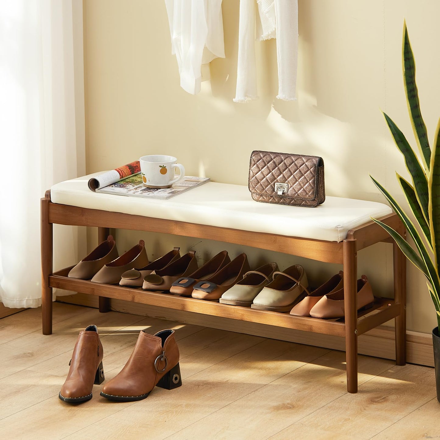STDDRE Shoe Rack Bench Entryway Bamboo Shoe Storage Bench with Leather Cushion 2 Tiers Shoe Rack Entryway Bench for Hallway, Living Room,Bedroom(Beige Bench top+Brown Frame)