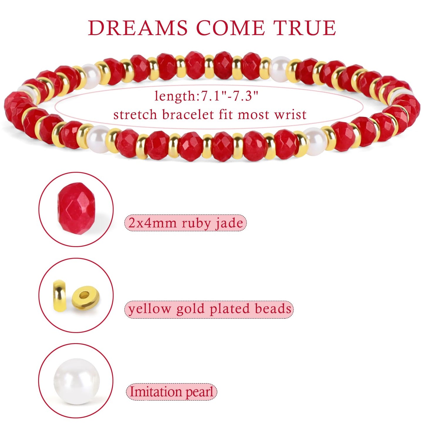 QOGIR Ruby Jade - Dreams Come True - 14K Gold Plated Beads Gemstone Stretch Elastic Dainty Healing Beaded Bracelets Gifts 2x4mm