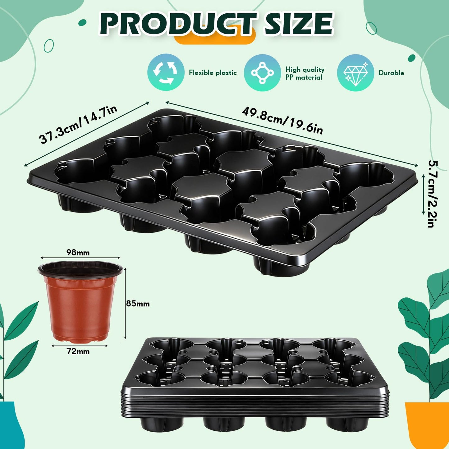 Baderke 96 Pcs 4 inch Seedling Pots and 8 Pcs 12 Cell Reusable Plastic Nursery Pots Trays Thick Sturdy Seeds Starting Germination Carrying Trays Black Small Planter Nursery Propagation 8 Sets(Red)