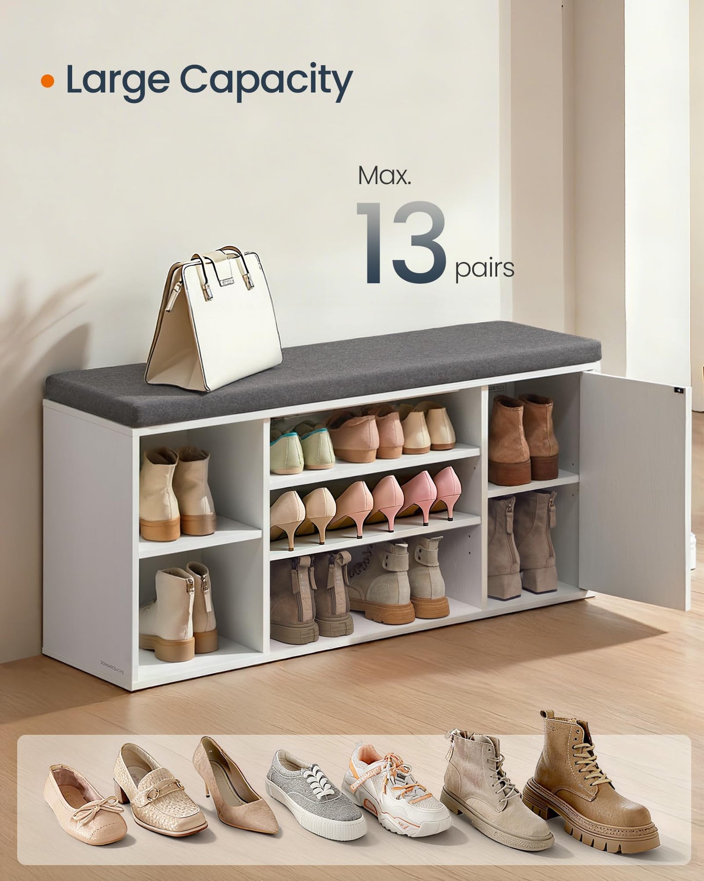SONGMICS HOME Storage Bench, Superfast Toolless Assembly, 41" Wide Entryway Shoe Cubby Bench with Cushion & Adjustable Shelves, Window Shoe Rack Cabinet, Snow White and Slate Gray ULHS391WE02S