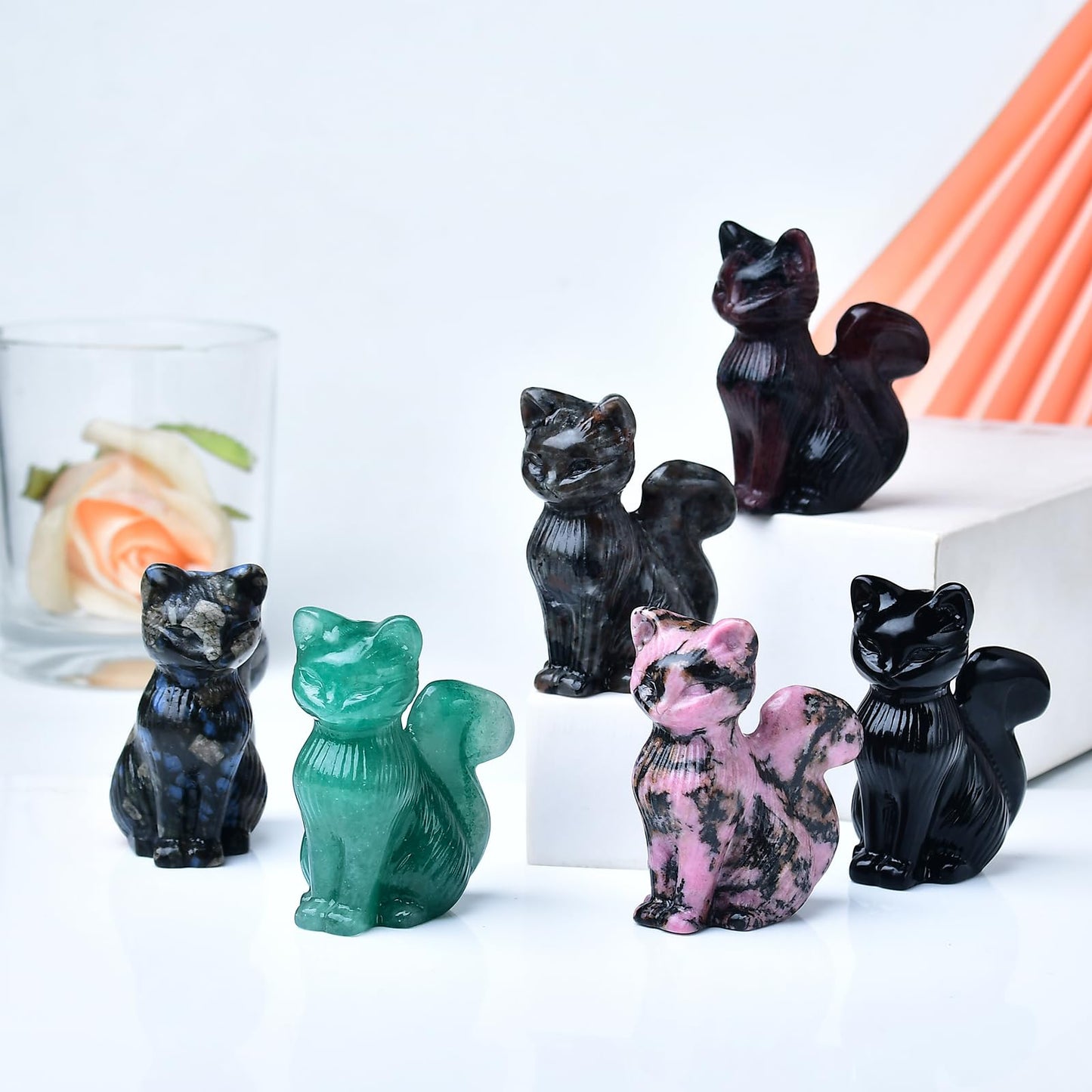 WUYOUSHI Natural Obsidian Crystal Cat Statue 2.4 Inch - Handmade Healing Sculpture, Lucky Guardian Pocket Statue for Reiki Meditation, Office & Home Decoration Gift