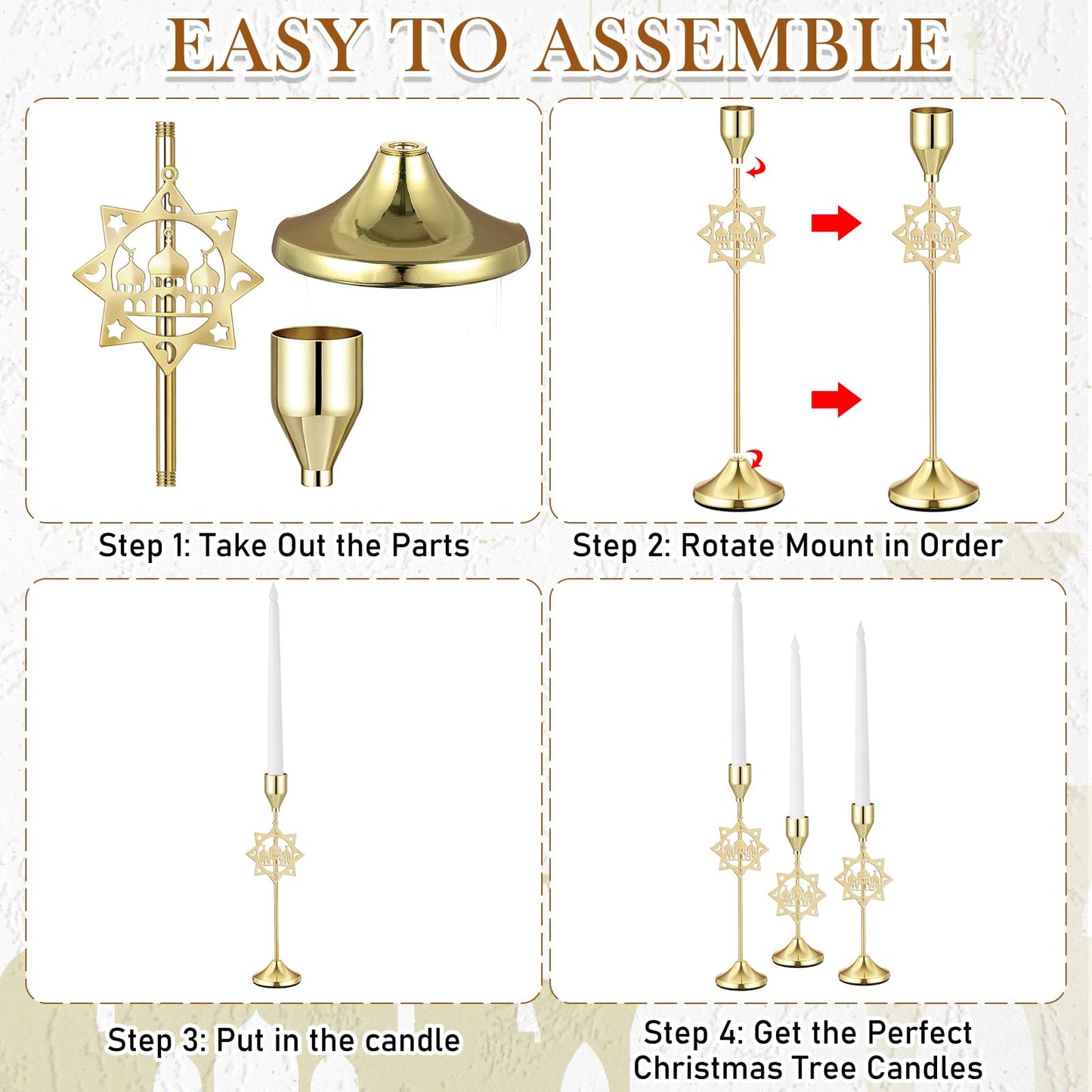 Ceenna 3 Pcs Ramadan Candle Holders, 3 Size Mosque Candlestick Holders, Gold Candle Holder for Eid Mubarak Ramadan Decorations Table Centerpiece Mantel Decor Housewarming Gifts