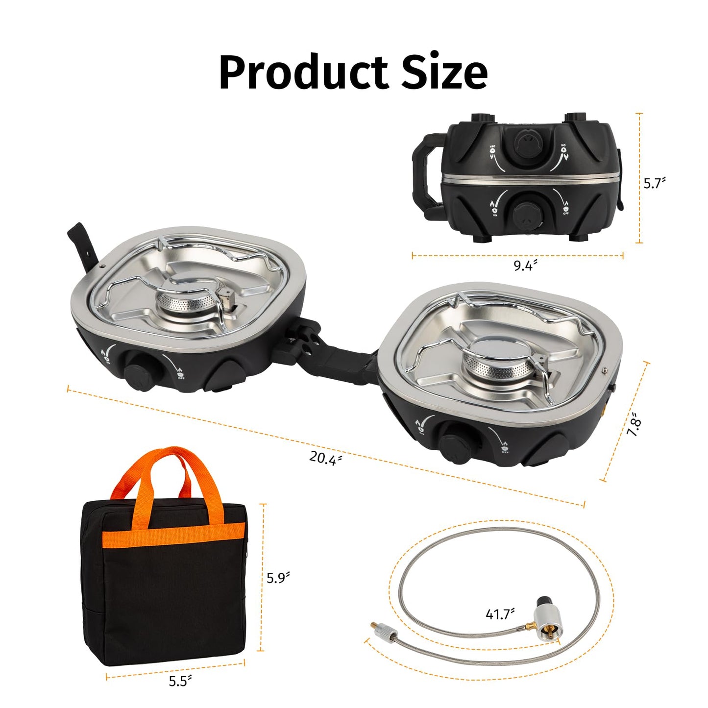 INFOOD Propane Camping Stove 20,000 BTU - Portable 2 Burner Gas Stove with Adjustable Flame Control, Piezo Ignition, Carry Bag & Propane Adapter Hose, Folding Design for Camp, BBQ, Tailgating, Black