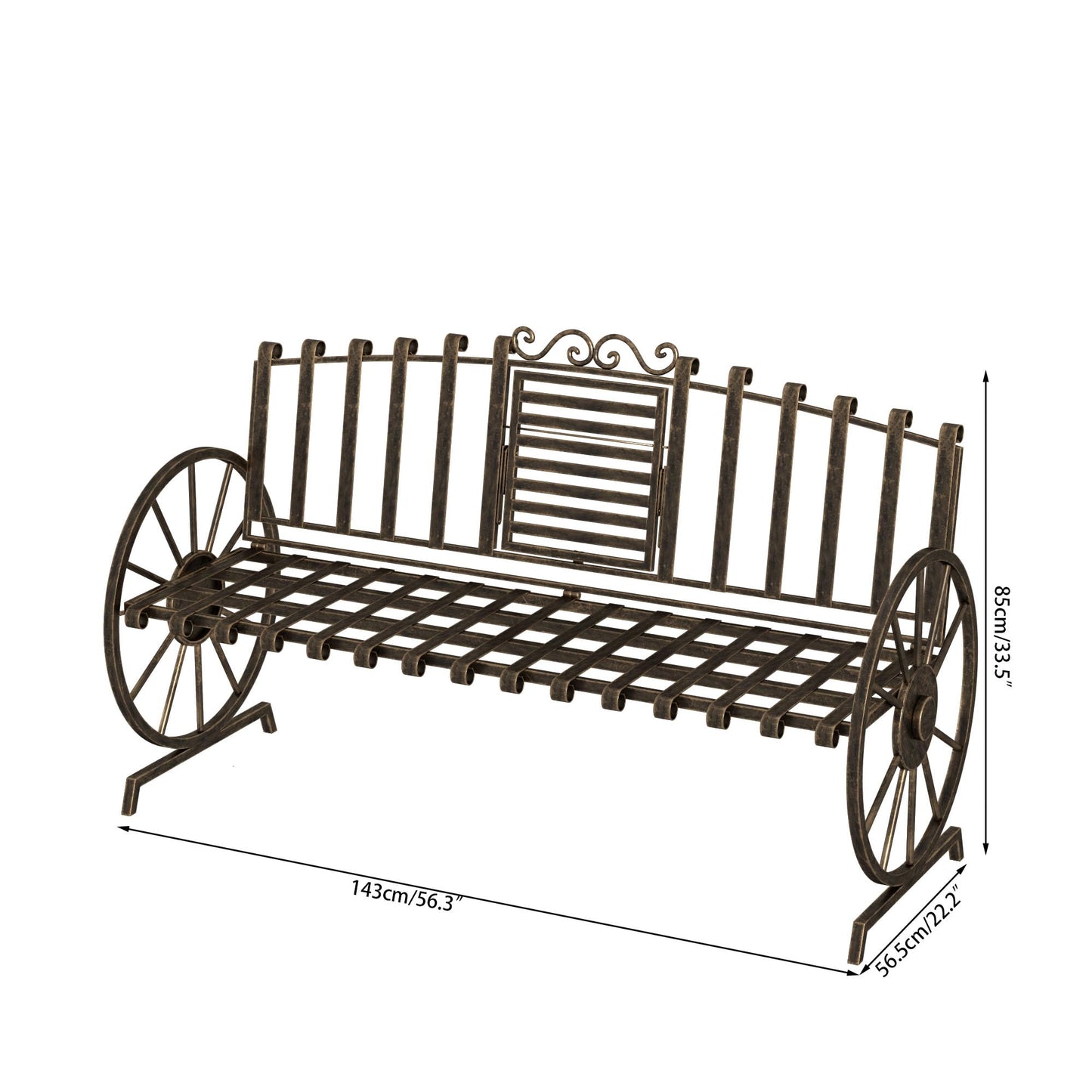 Boweniog Outdoor Bench Patio Outdoor Garden Bench with Built-in Table, Wagon Wheel Arms, 3 People Outdoor Bench Garden Bench Front Porch Furniture Patio Lawn Yard Park (Bronze)