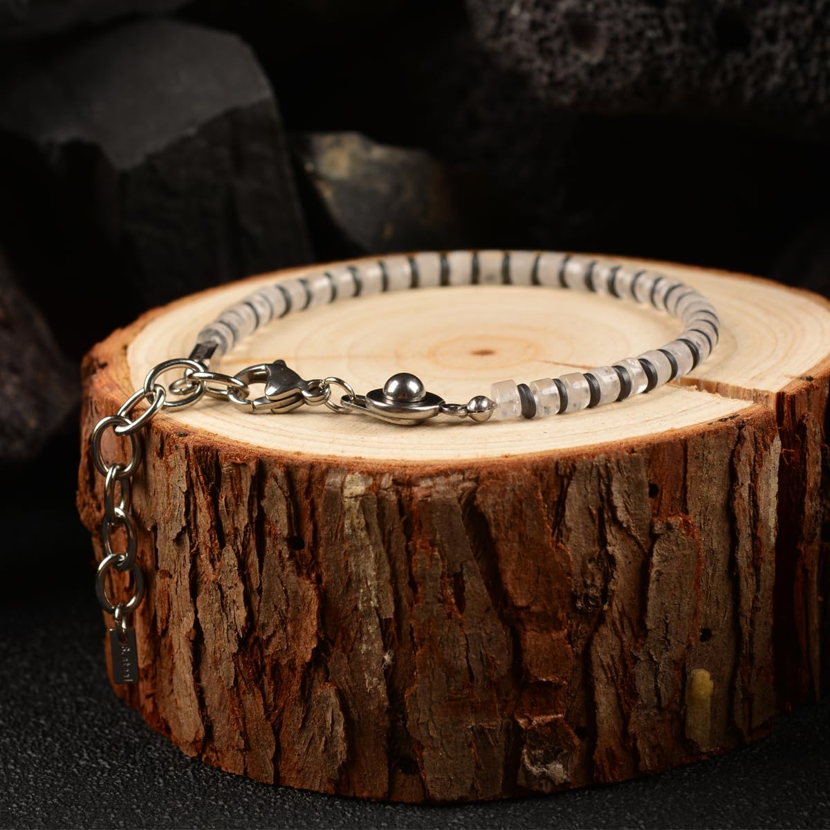 Casvia Lumina Path Men's Beaded Bracelet, White Quartz & Hematite, Adjustable Stainless Steel Dual Clasps, Thickened Wear-resistant Handmade Minimalist Jewelry, Daily Wear Gift for Men & Friends