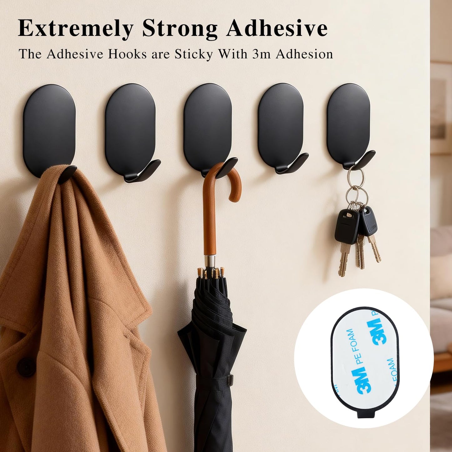 10 Pcs Metal Hooks, Adhesive Hooks for Hanging, Key Hooks, Wall Hooks, Command Hooks, Coat Hooks, Door Hooks, Towel Hanger, Picture Hanger, Storage Hooks, Utility Hooks for Bathroom, Kitchen (Black)