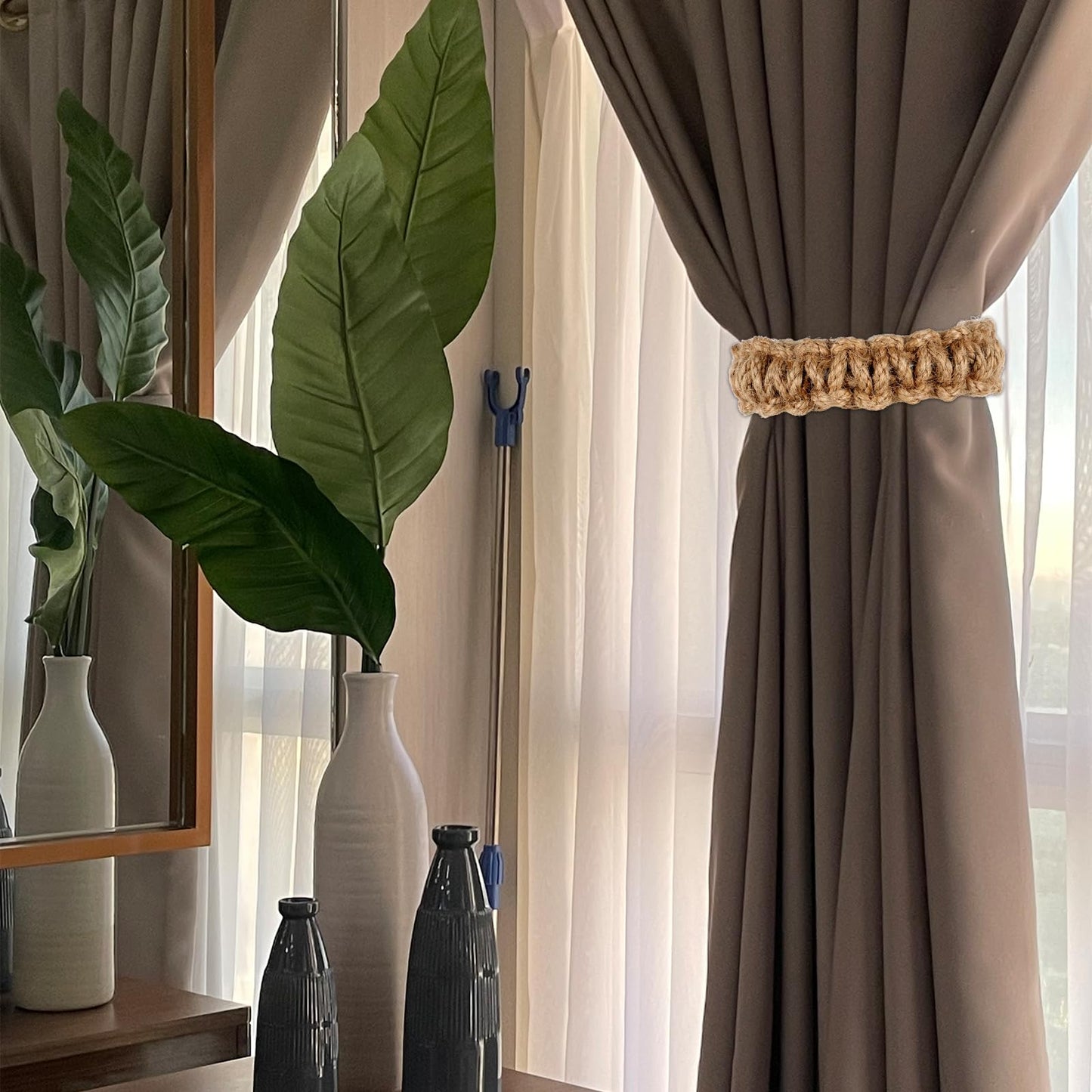 Ptwola 4 Pack Braided Curtain Tiebacks Boho Elegant Rustic Curtain Holdbacks Tie Backs Holders Set Simple Light Weight Drapes Decorative Accessories Handmade for Home Office Bedroom Window (4, Linen)