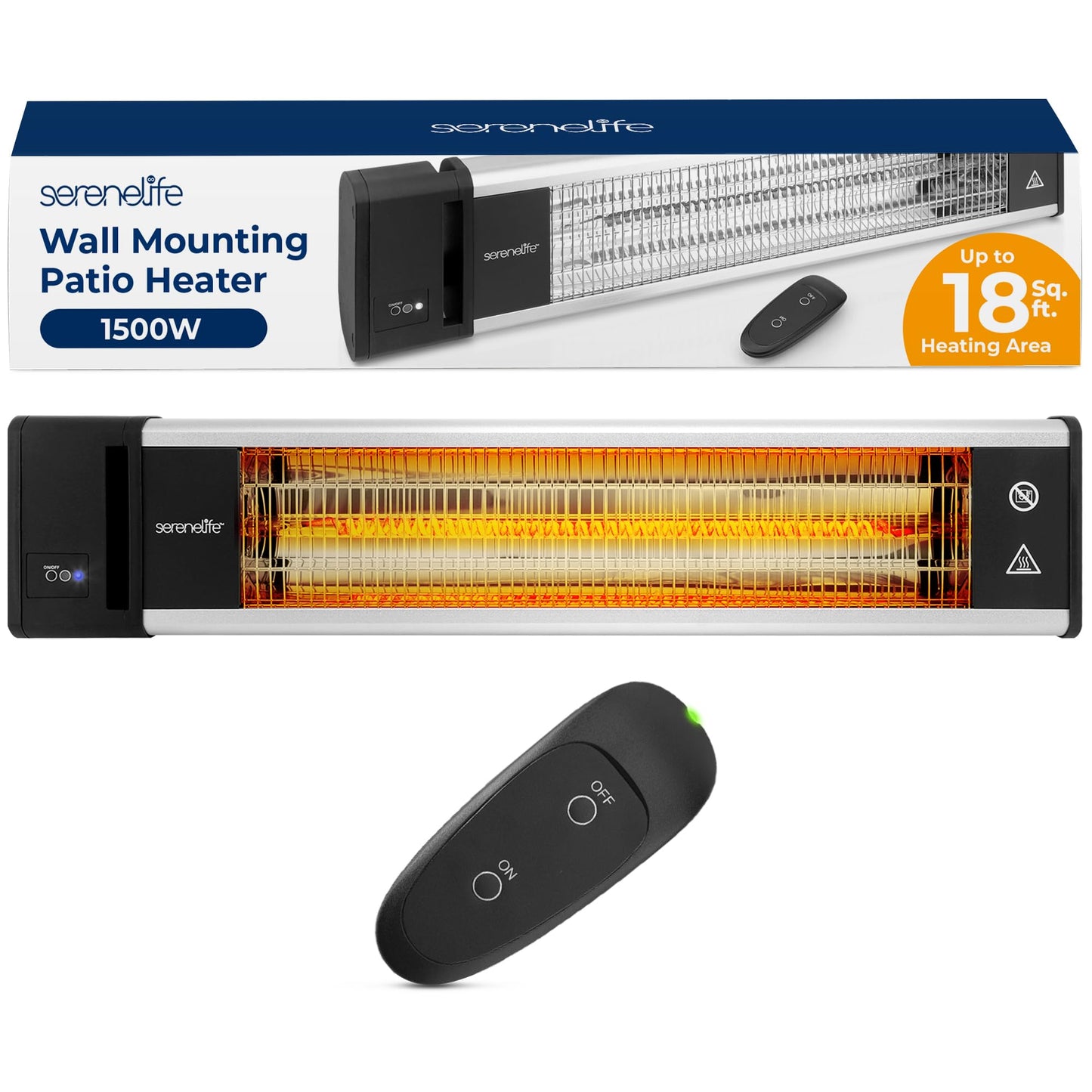 SereneLife Infrared Patio Heater, Wall-Mounted Electric Heater with Remote, 1500W, IP65 Approved, Odorless, Indoor/Outdoor for Patio, Restaurant, Backyard, Garage, Decks