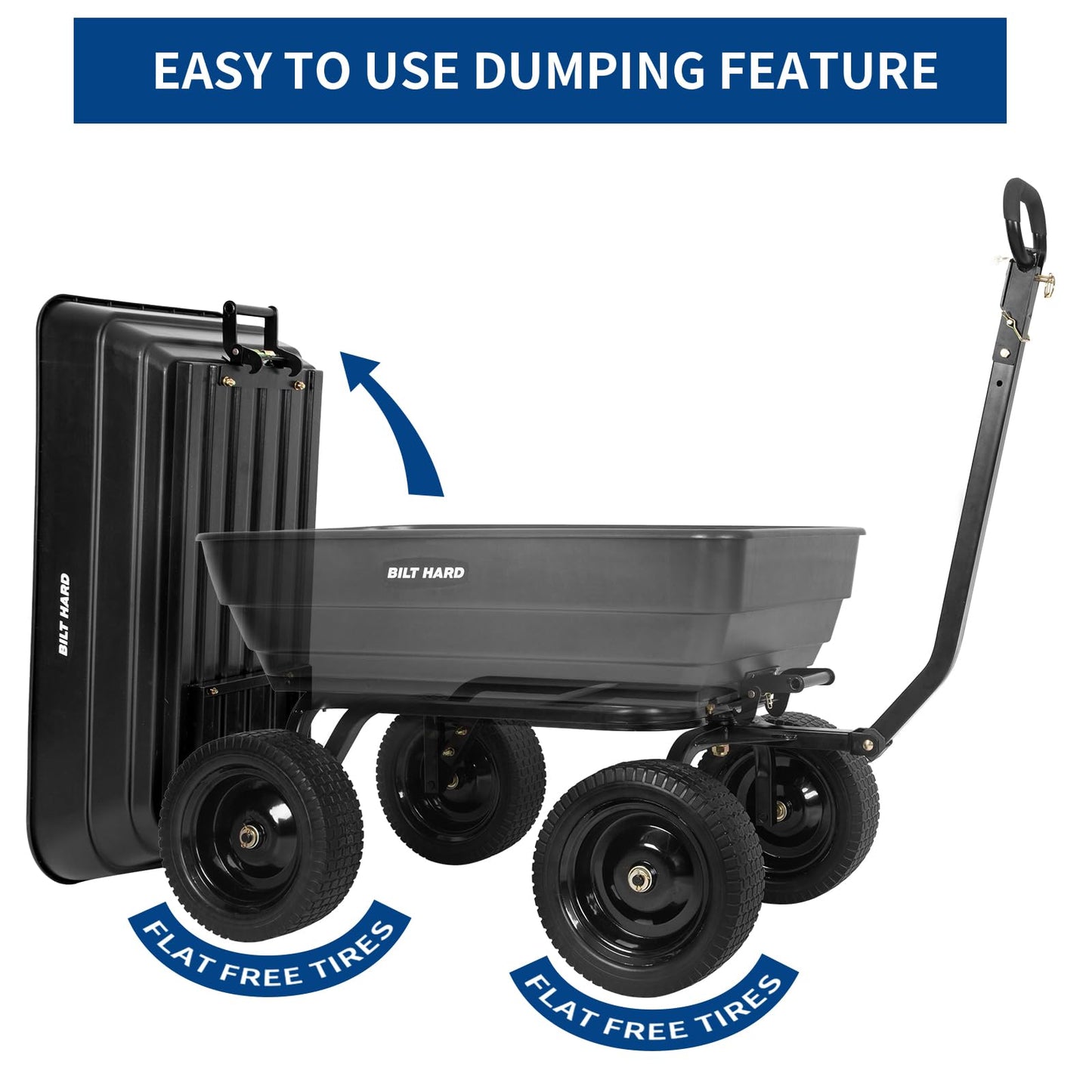 BILT HARD Poly Garden Dump Cart 1200 lbs with No Flat Tires, Quick Release, 2-in-1 Convertible Handle, 7 Cu Ft Dump Wagon Heavy Duty for Yard, Outdoor