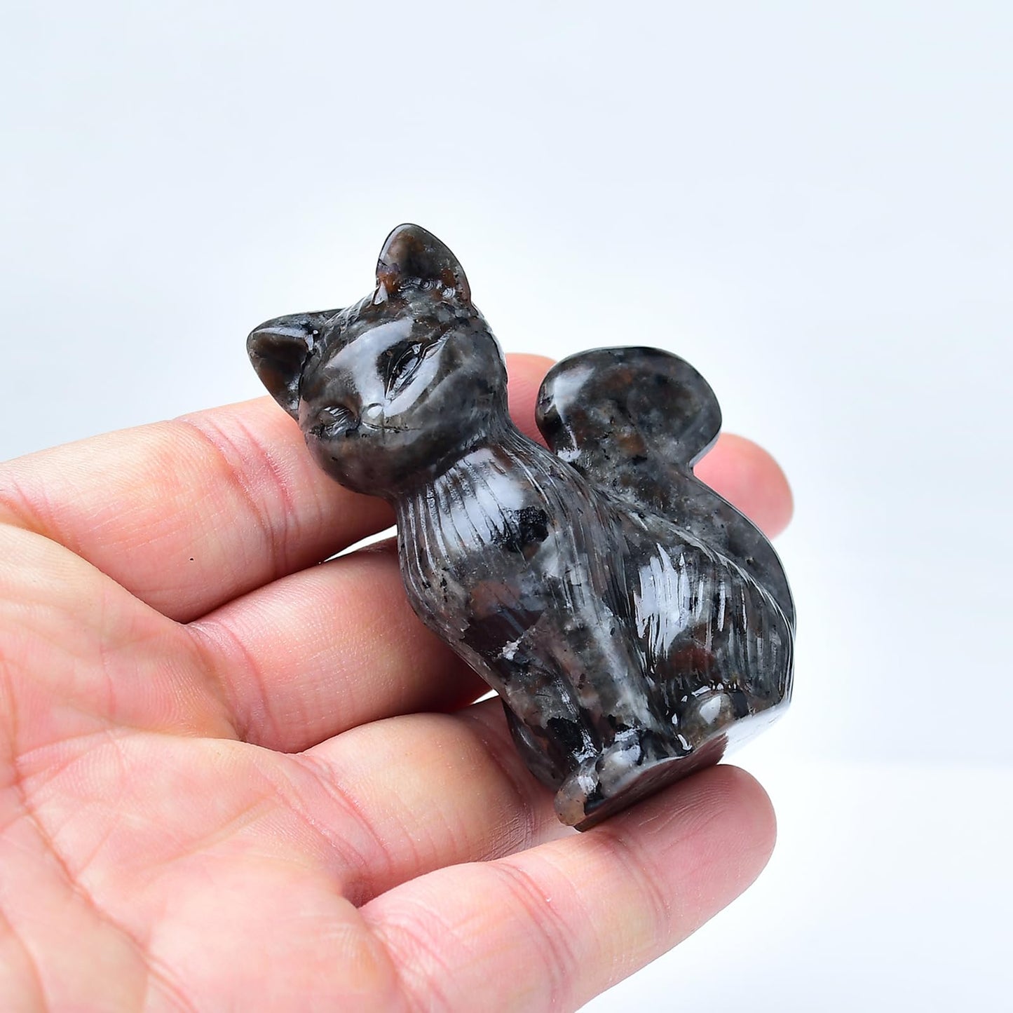 WUYOUSHI Natural Flame Stone Crystal Cat Statue 2.4 Inch - Handmade Healing Sculpture, Lucky Guardian Pocket Statue for Reiki Meditation, Office & Home Decoration Gift