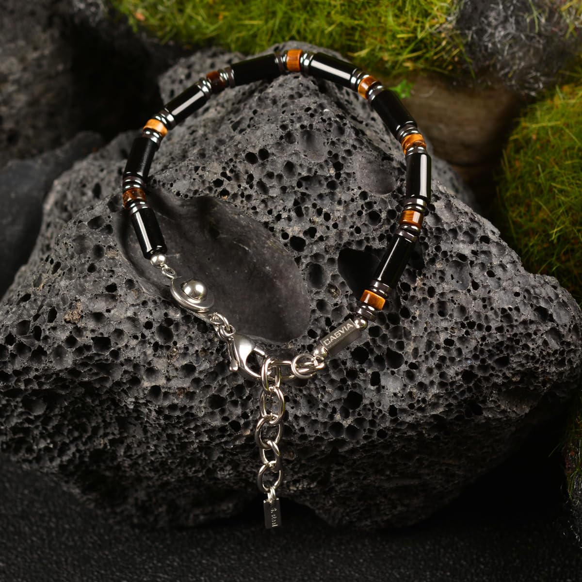 Casvia Men's Black Onyx Hematite Tiger Eye Chakra Beaded Gemstone Bracelet, Handmade Adjustable Dual Clasp 6.89-8.8 Inches, Comfort Fit Everyday Wear, Ideal Gift for Him