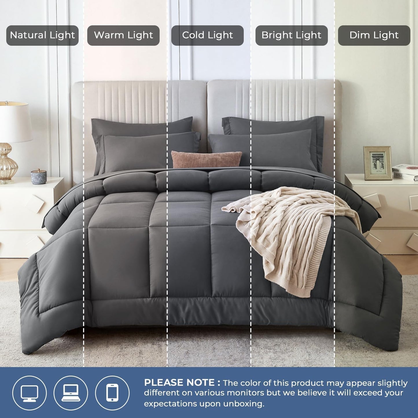 Sasttie Queen Comforter Set, 7 Pieces Bed in a Bag Queen, Complete Bedding Set Includes Grey Comforter, Flat Sheet, Fitted Sheet, Pillowcases and Pillow Shams, Dark Grey