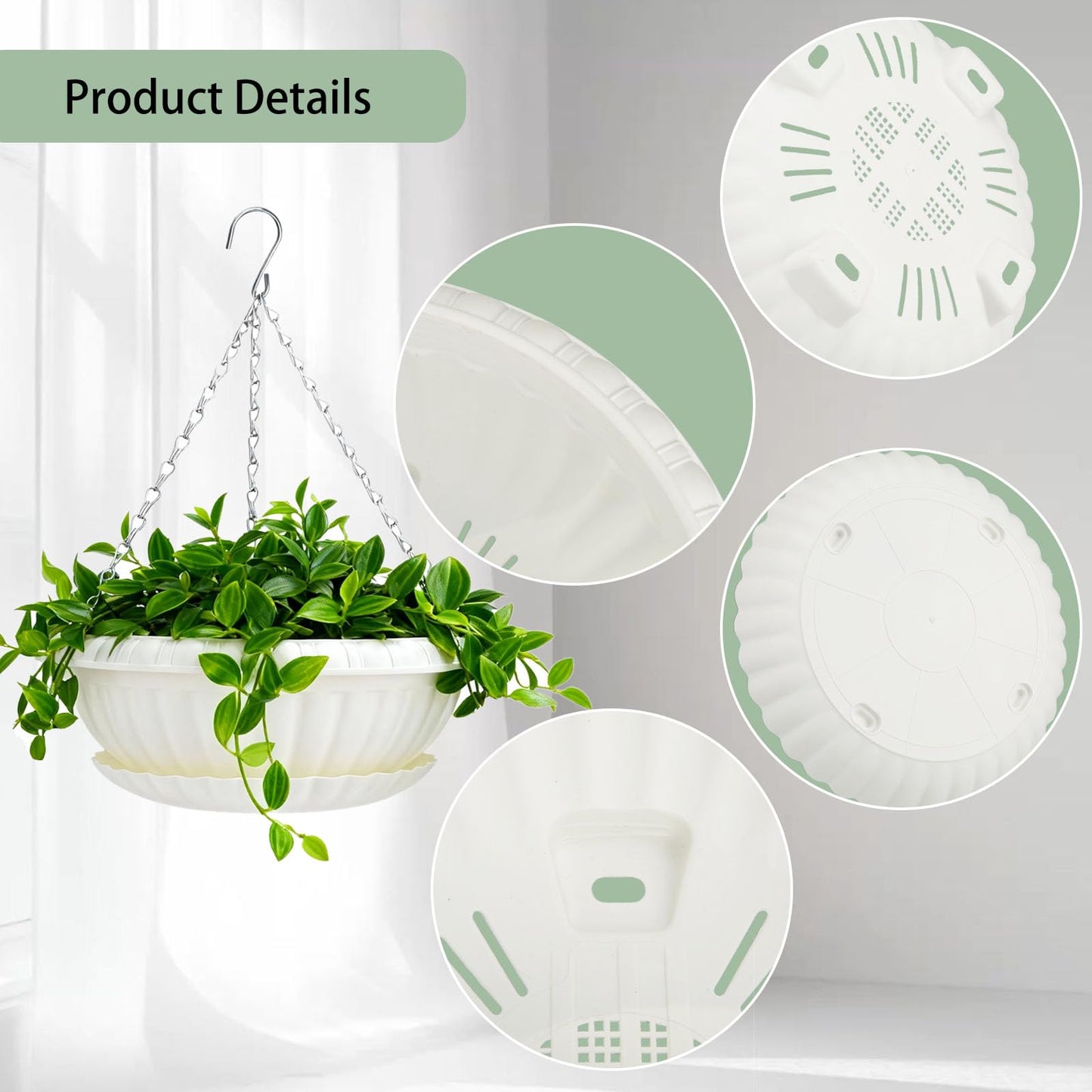 summer flower 3 Pack Large Hanging Planters 12.59in Plastic Plant Pots with Drainage Holes & Trays for Indoor Outdoor Garden Wall Window Decor (White)