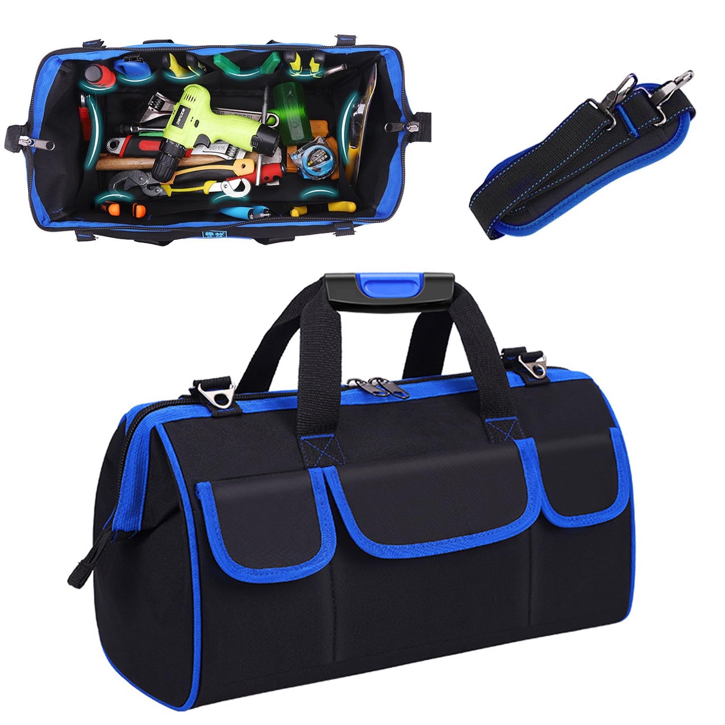 Heavy Duty Tool Bag 17-Inch,16 Pockets Portable Electrician Tool Box Organizer with Hard Bottom & Adjustable Shoulder Strap,Big Storage Toolbag,Soft Handle Carrying Toolbox for Men Husband Dad Father