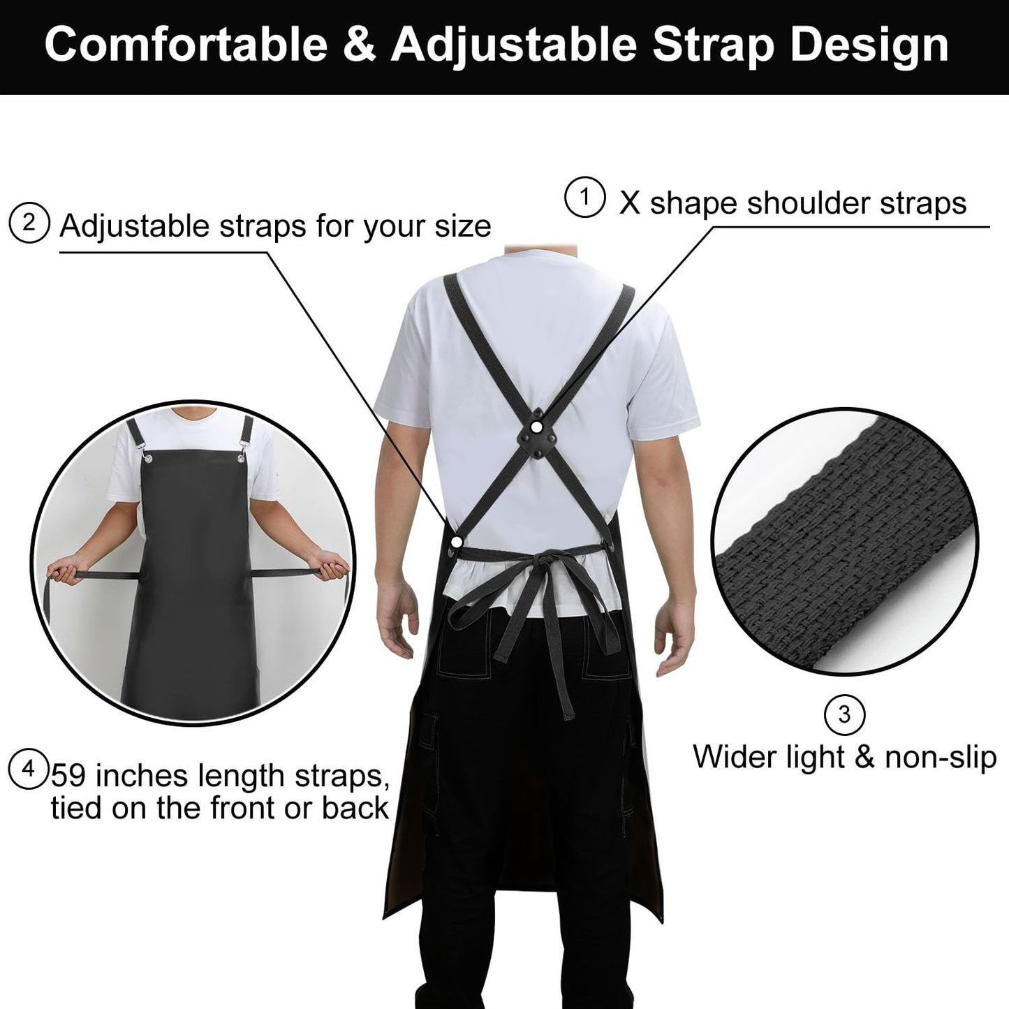 SHEOMERN Waterproof Rubber Apron, 43" Anti-Tear Heavy Duty Vinyl Adjustable Thicker Cross Back Dishwasher Apron for Restaurant Dishwashing, Butcher, Lab Work, Dog Grooming Black