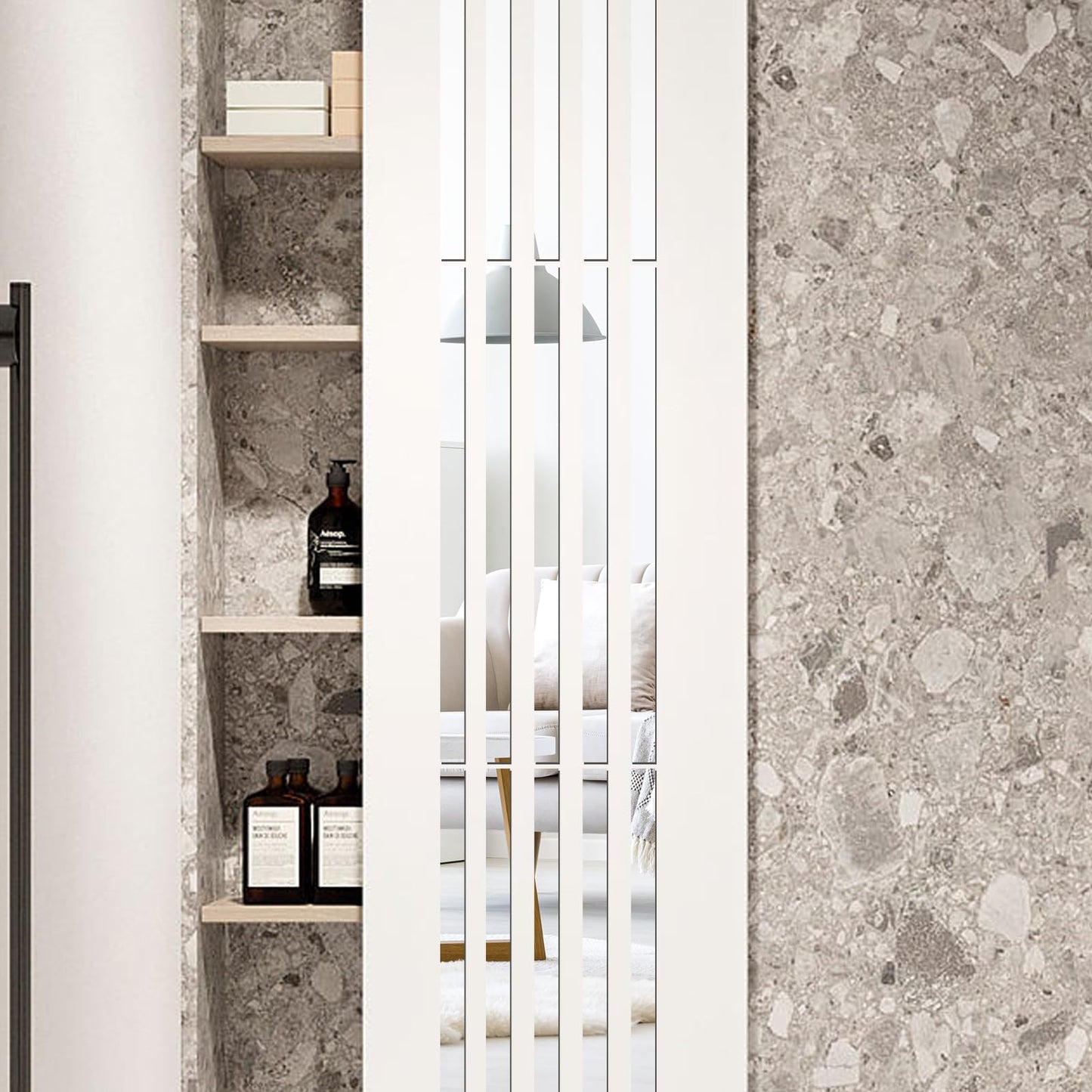 OUTANA Acrylic Wall Decor, Peel and Stick r Strips, Vertical Tiles for Entryway, Bedroom & Bathroom, Shatterproof Wall Decor for Small Spaces, Gold Silver Black (20, Silver)