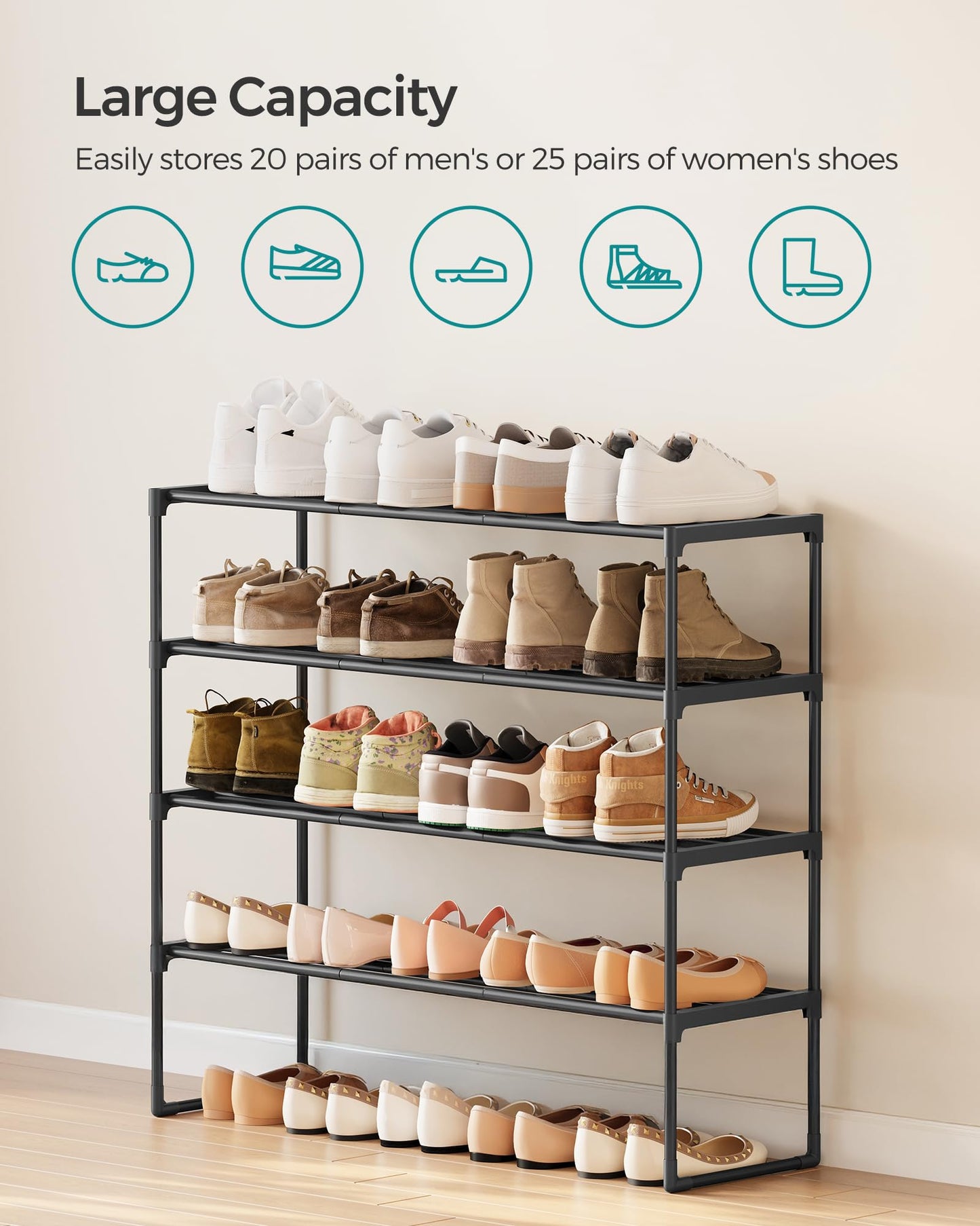 SONGMICS Shoe Rack, 4-Tier Shoe Organizer, Metal Storage Shelf, Upright or Upside Down, for 20-25 Pairs, Stackable, for Entryway, 11.8 x 36.2 x 29.1 Inches, Black ULSA14BK