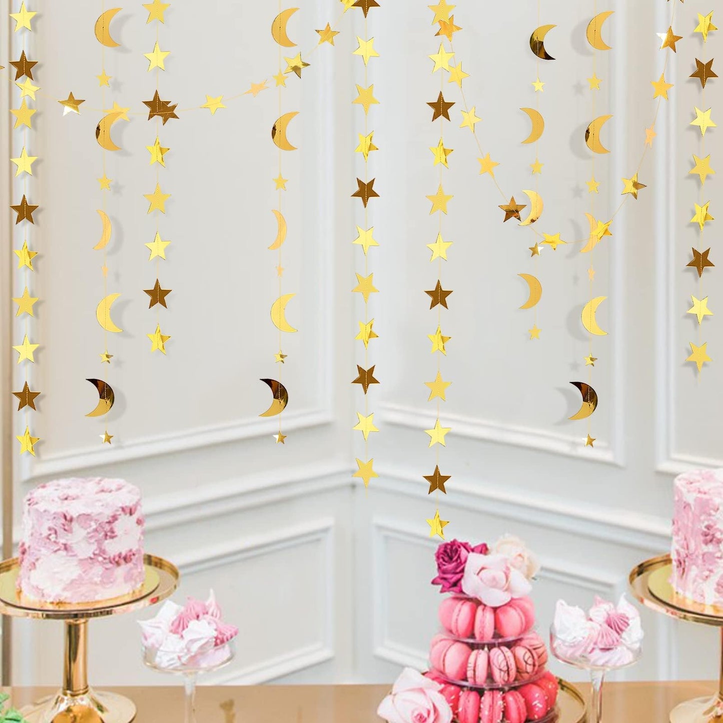 Decor365 Gold Moon Star Garland Ramadan Decorations Twinkle Little Star Two the Moon Birthday Party Decoration Whimsical Decor Starry New Year Eve Banner Hanging Stars Baby Shower EID Muburak Decor