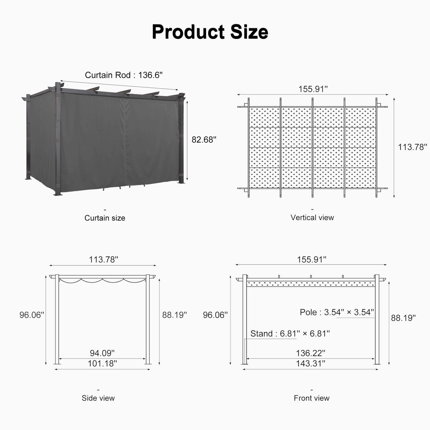 PURPLE LEAF 10' X 13' Outdoor Pergola with 4-Sided Curtains Retractable Canopy Patio Aluminum Sun Shade for Garden Deck Porch Gazebo Pavilion Grill Modern Yard Grape Trellis Pergola Gray