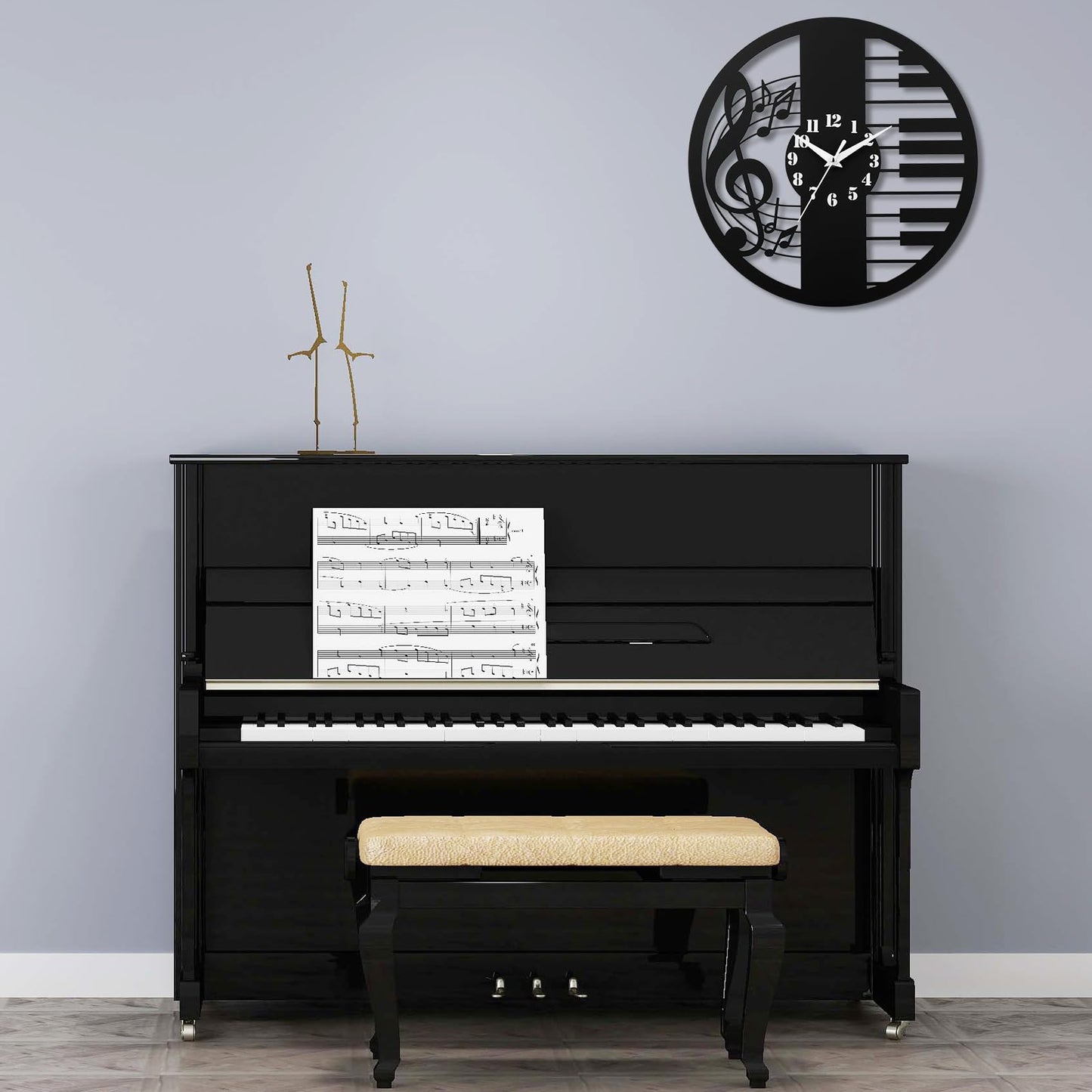 CIGERA 12 Inch Music Themed Wall Clock - Piano Key & Musical Note Design, Silent and Battery Operated - Perfect for Music Room, Studio Decor - Gift for Pianists, Musicians & Music Lover