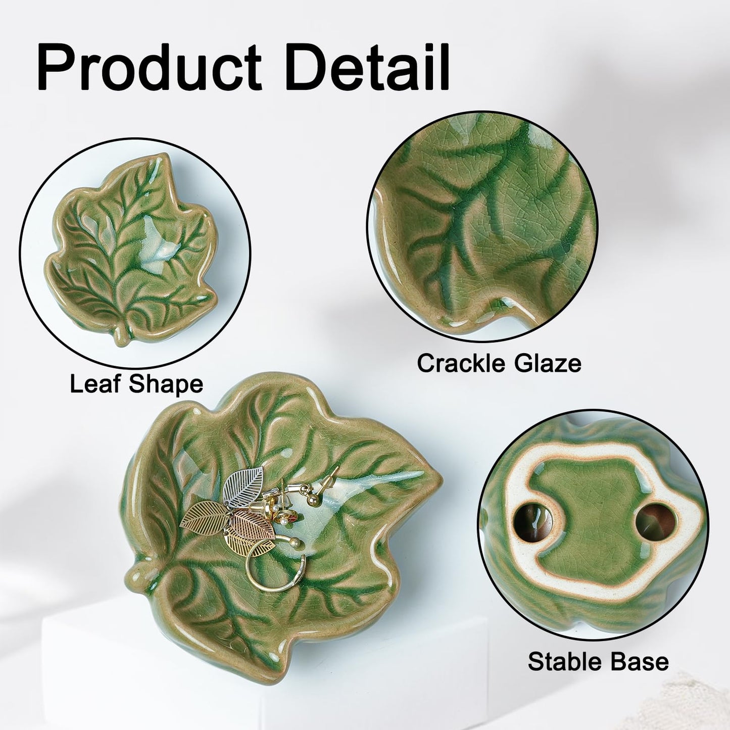 Zaposcca Jewelry Tray, Ceramic Leaves Jewelry Dish, Ring Holder Dish, Small Trinket Tray, Washable Key Bowl(Green)