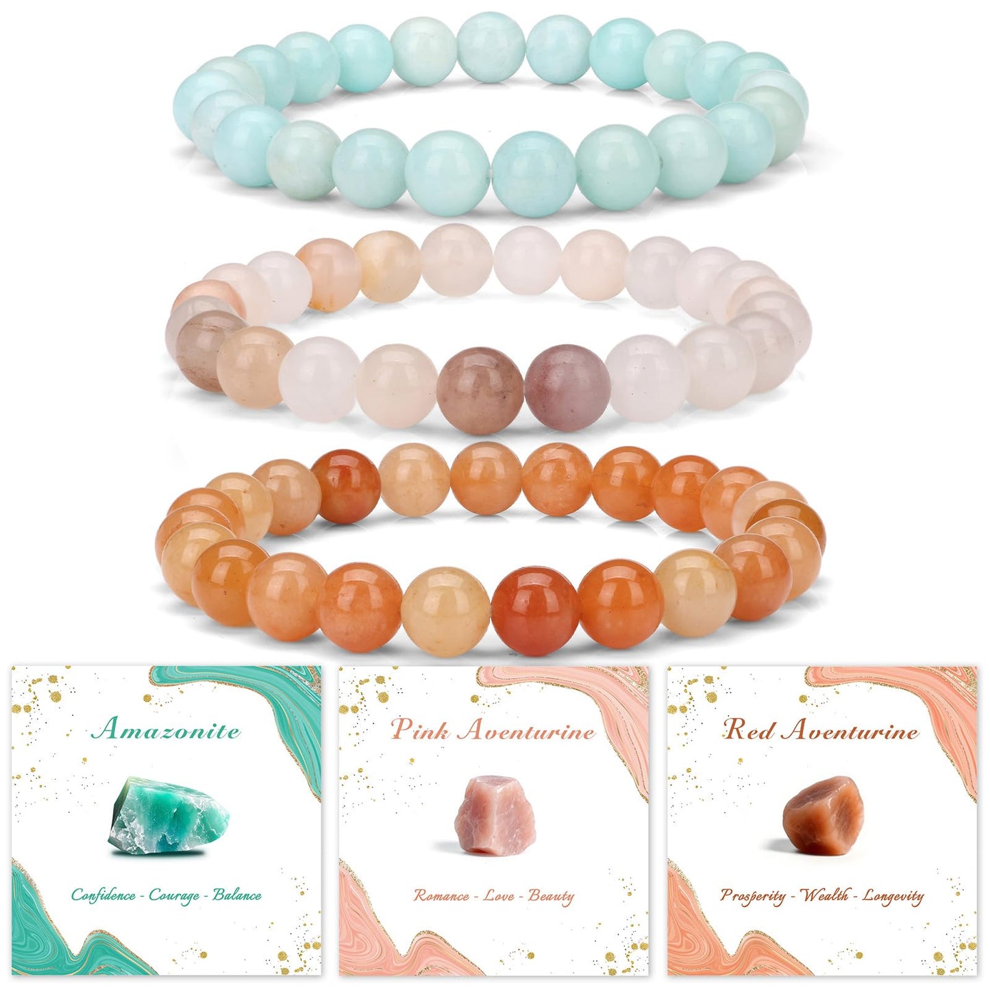 Pendlixy 3PCS Healing Crystal Bracelets for Women Men 8mm Pink Aventurine Amazonite Natural Stone Beaded Stretch Bracelet Handmade Gemstone Reiki Spiritual Jewelry Gifts