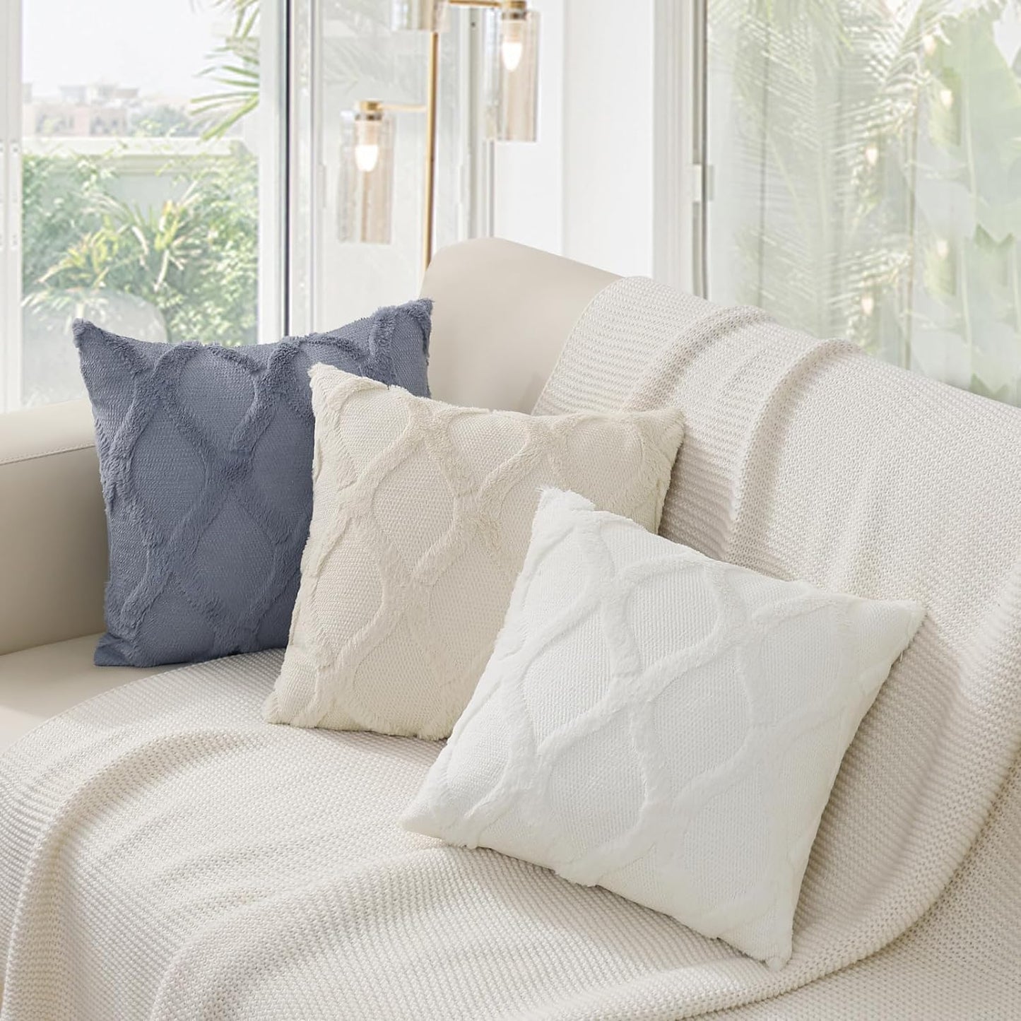 decorUhome Summer Throw Pillow Covers 18x18 Inch Set of 2, Soft Plush Faux Fur Wool Cream White Accent Couch Pillow Covers for Modern Farmhouse Bed Sofa Living Room