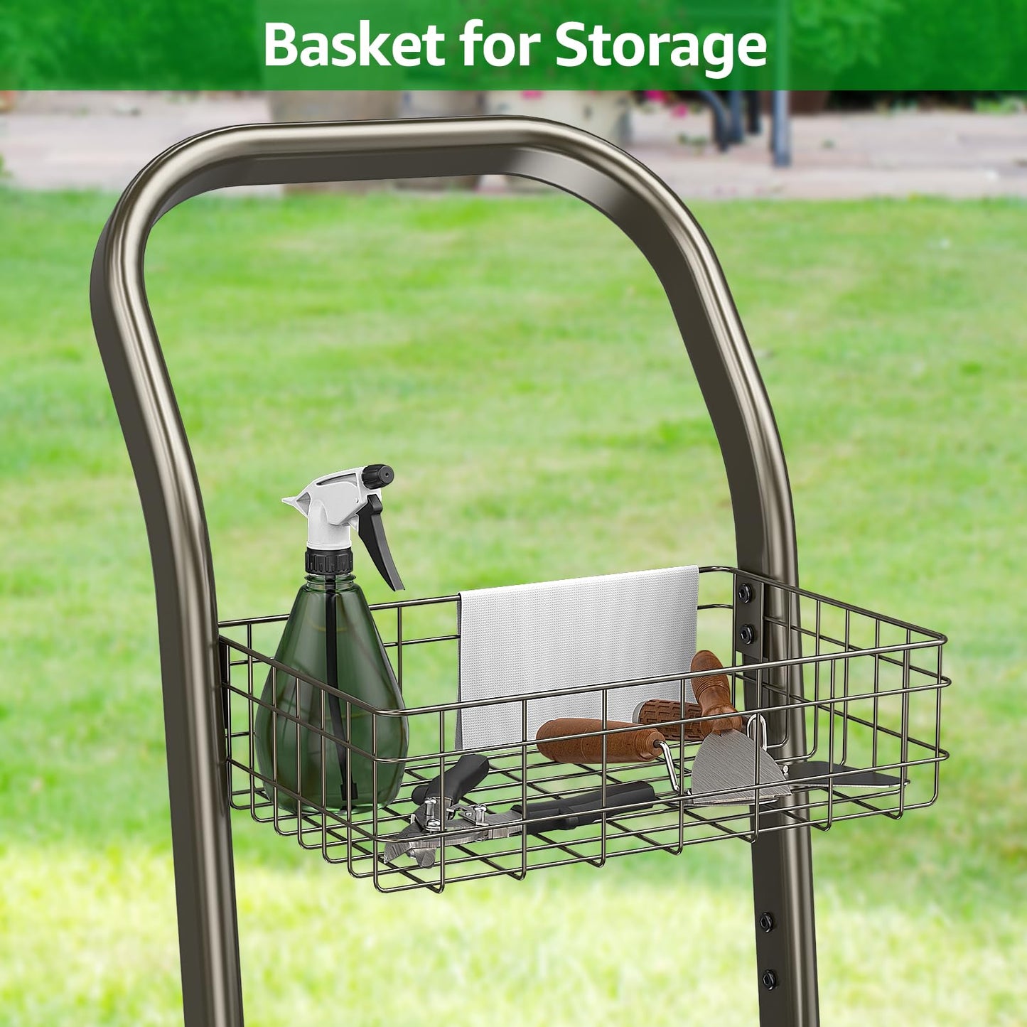 GOFORWILD Garden Hose Reel Cart with Wheel, Hold up to 200 Ft of 5/8" Hose, Heavy Duty Steel Frame Water Hose Reel Cart with Storage Basket, Mobile Hose Reel for Outside Garden Lawn Yard