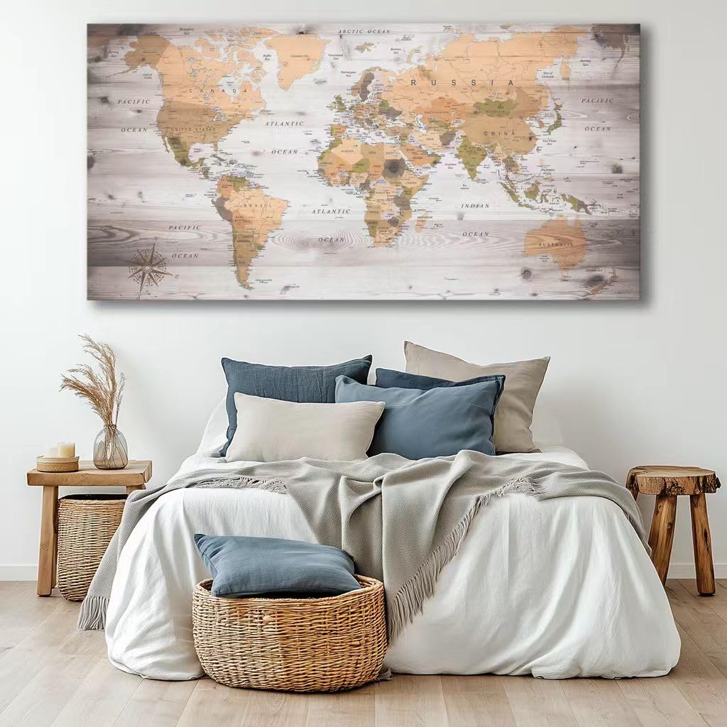 Large Wall Art grey map of The World Painting Ready to Hang 29"x58"Large Framed Wall Art World Map Canvas Map Decorations Artwork Prints