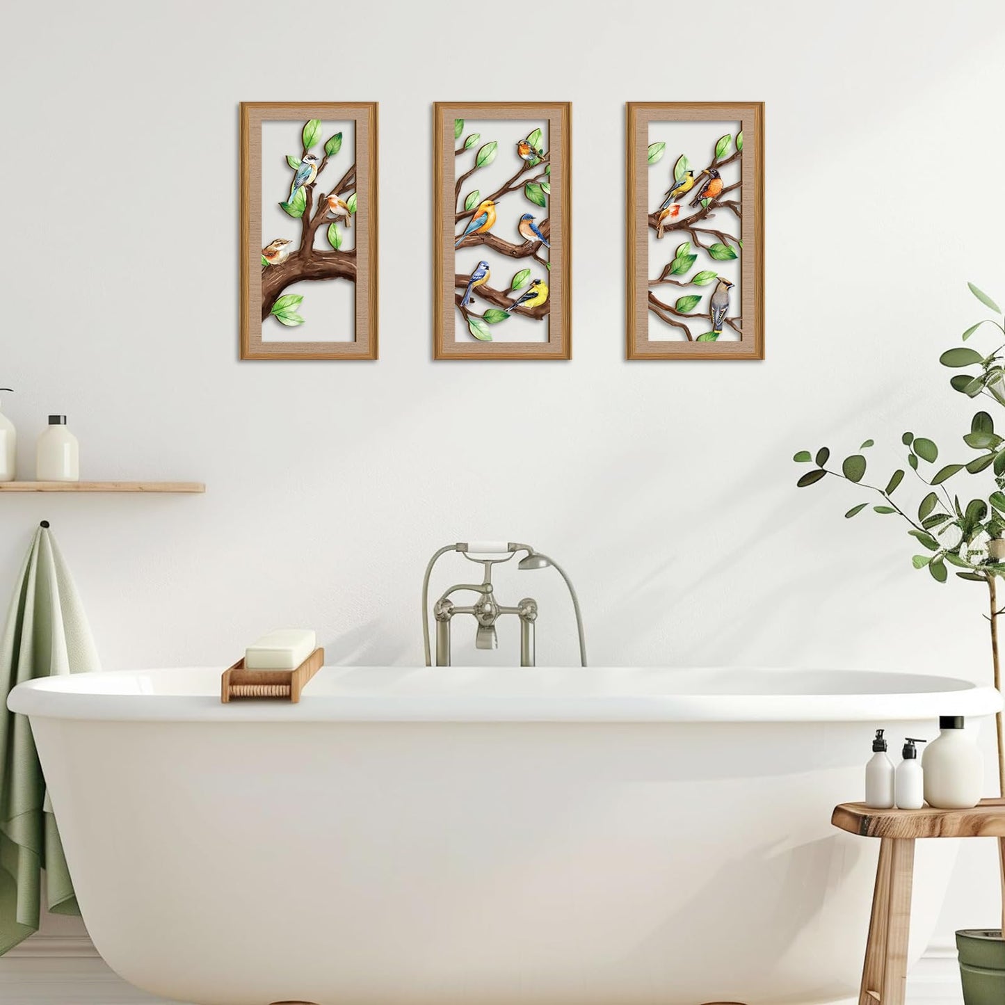 Ausril 3 Pcs Birds Tree Branch Wall Decor,Nature Tree of Life Wall Art,Green Leaves with Bird Wall Art,Branch Birds Silhouette Sculpture,Spring Tree Sign Wood Framed for Home Living Room Bedroom