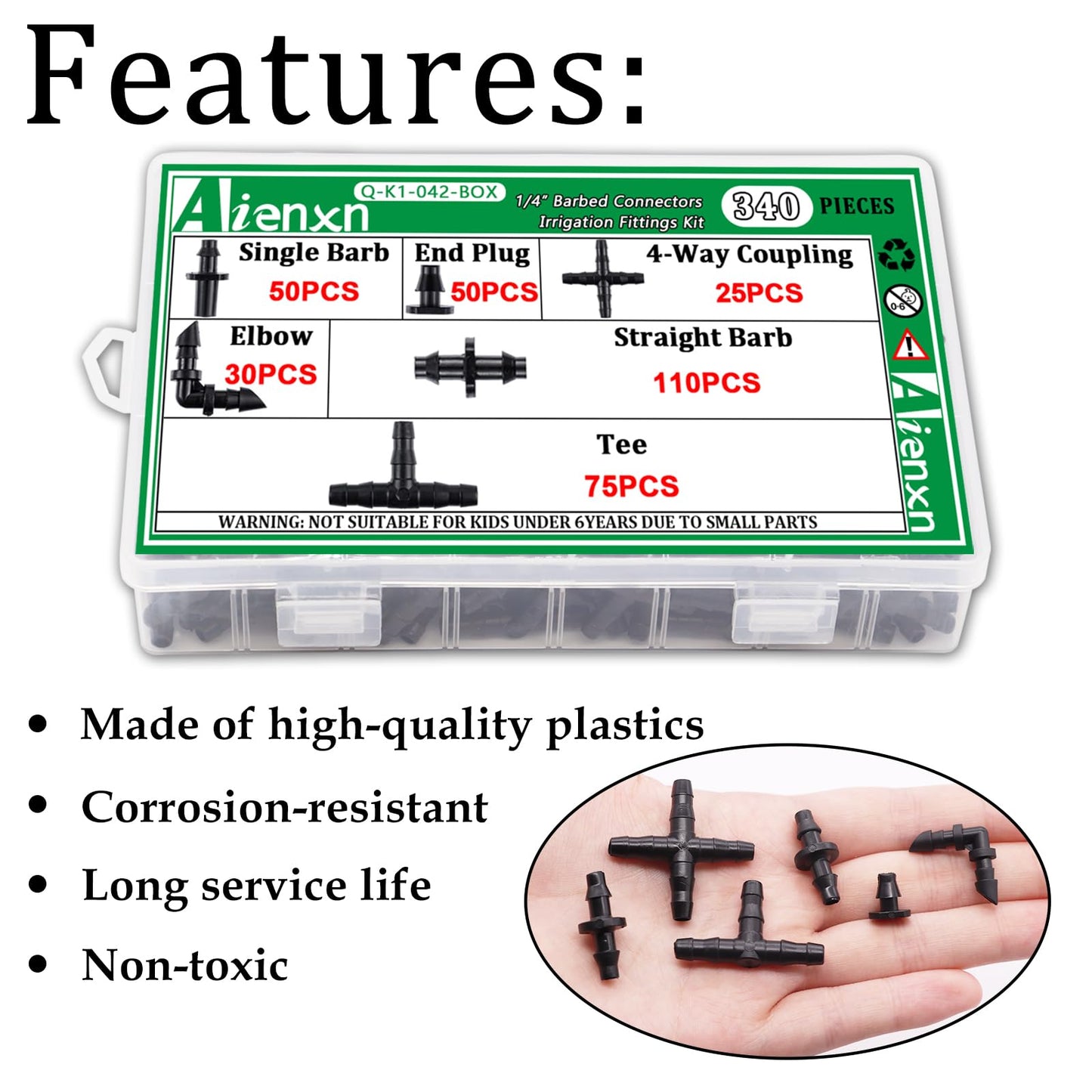 Aienxn 340PCS 1/4" Drip Irrigation Kit Barbed Connectors, Straight Barb, Tee, Single Barb, End Plug, Elbow, 4 Way Coupling Irrigation Fittings for Garden Lawn Flower Pot