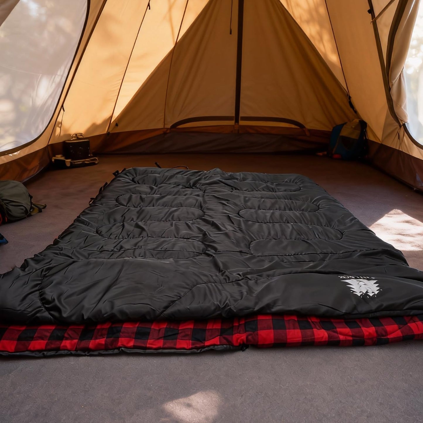 FJALLNOK Double Sleeping Bag Cotton Flannel for Camping, Backpacking Or Hiking. Waterproof,Queen Size Two Person Sleeping Bags for Adults Or Teens. Lightweight with Compression Sack (Black/Red)