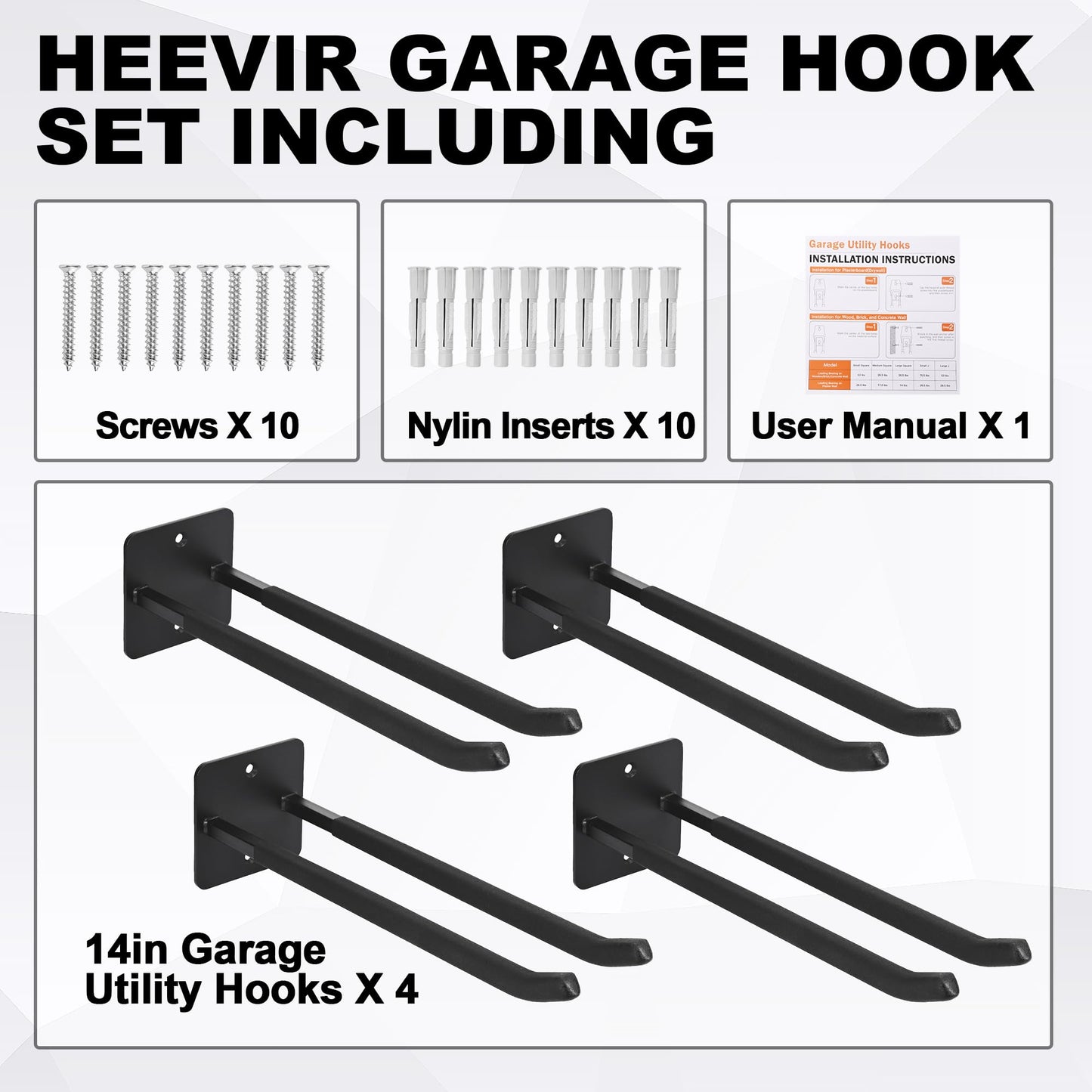 Heevir 14 Inches Extra Large Garage Hooks, 4Pcs Heavy Duty Garage Wall Mount Organizer, Tool Hanger Long Utility Storage Hooks for Hanging Tire, Chair, Ladder, Garden Tools, Strollers and More