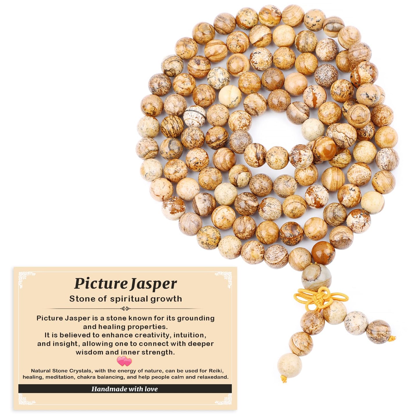 AD Beads 8mm 108 Prayer Mala Picture Jasper Elastic Bracelet - Spiritual Growth - Handmade Yoga Meditation Healing Power Energy Gifts for Unisex Adult.