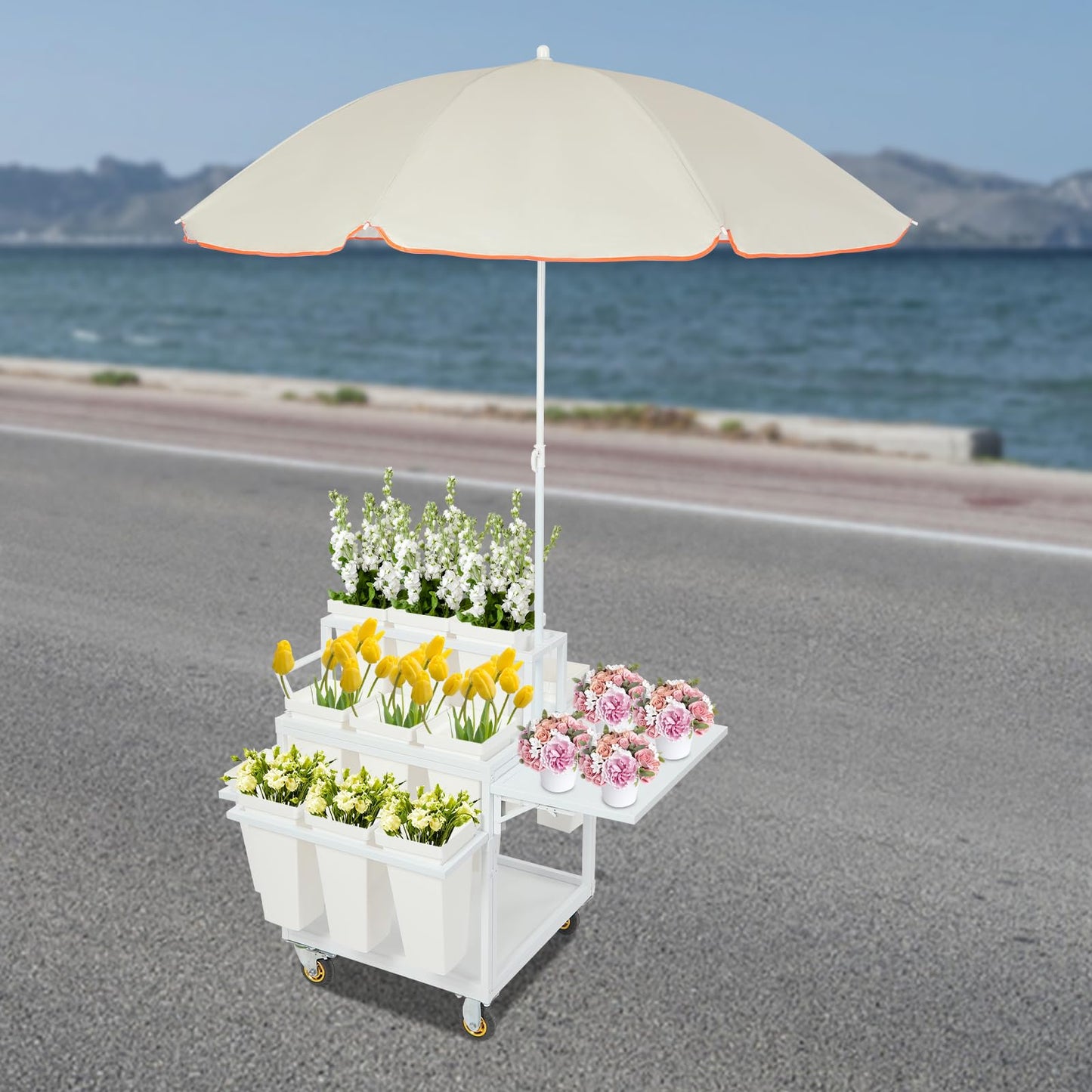 Flower Stand Cart with Large Umbrella 5x5.8ft, 110lb Capacity Metal Flower Bar with Wheels, Flower Plant Stand with 18 Buckets, 3 Tier Rolling Stand Cart for Indoor Outdoor Patio Garden Florist (Silver White)
