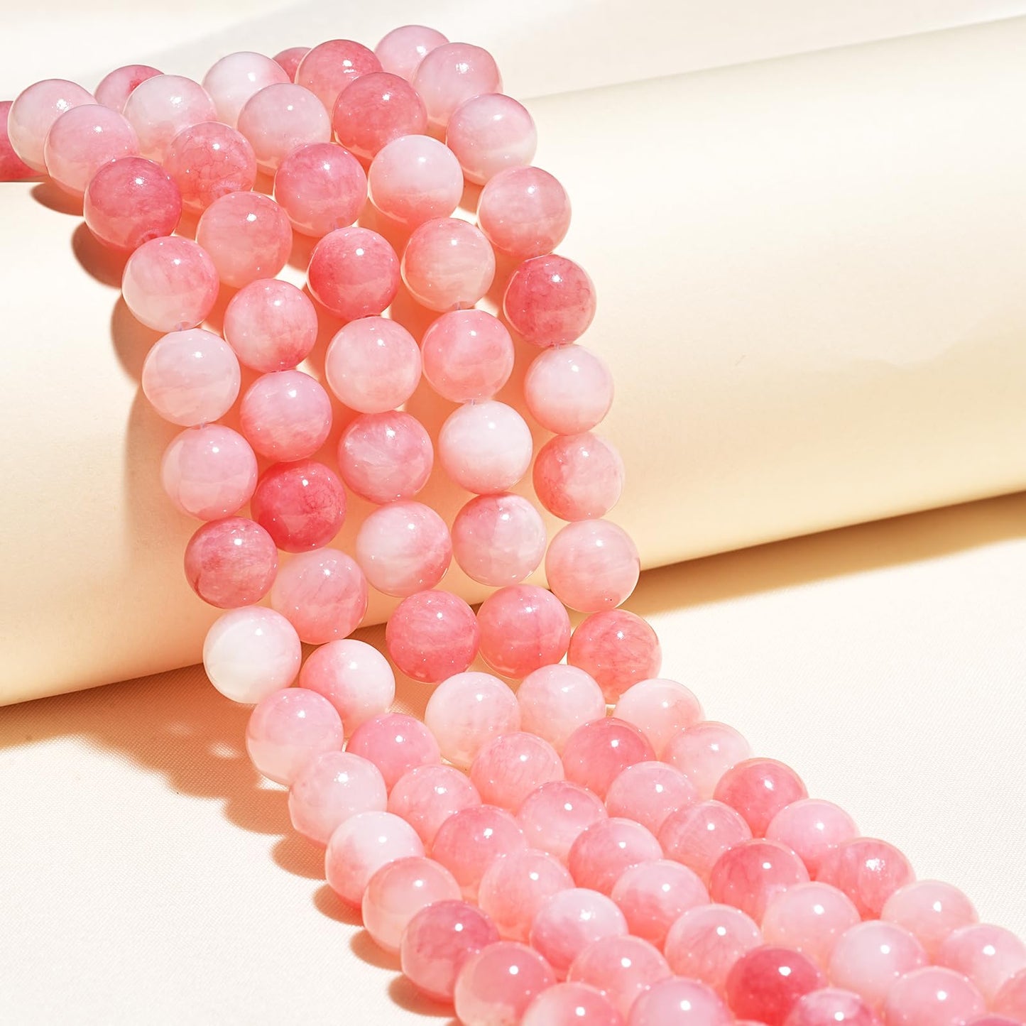 8mm Natural Pink White Jade Gemstone Beads Polished Round Smooth Stone Beads for Bracelets Jewelry Making 15inch Loose Beads
