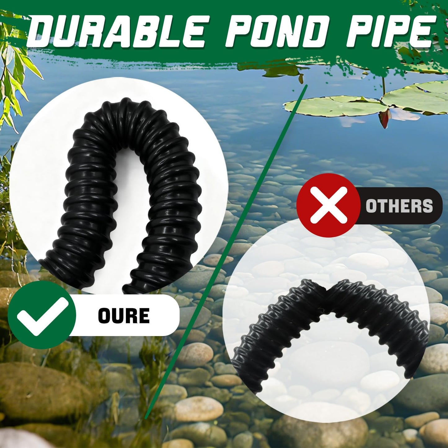 Wocloer Pond Tubing 1” × 10 Feet Black Flexible PVC Pond Hose,Garden Pond PVC Tube - Reinforced, Kink-Resistant Tubing for Pumps, Fountains & Waterfalls, with 4 Clamps,1" Dia