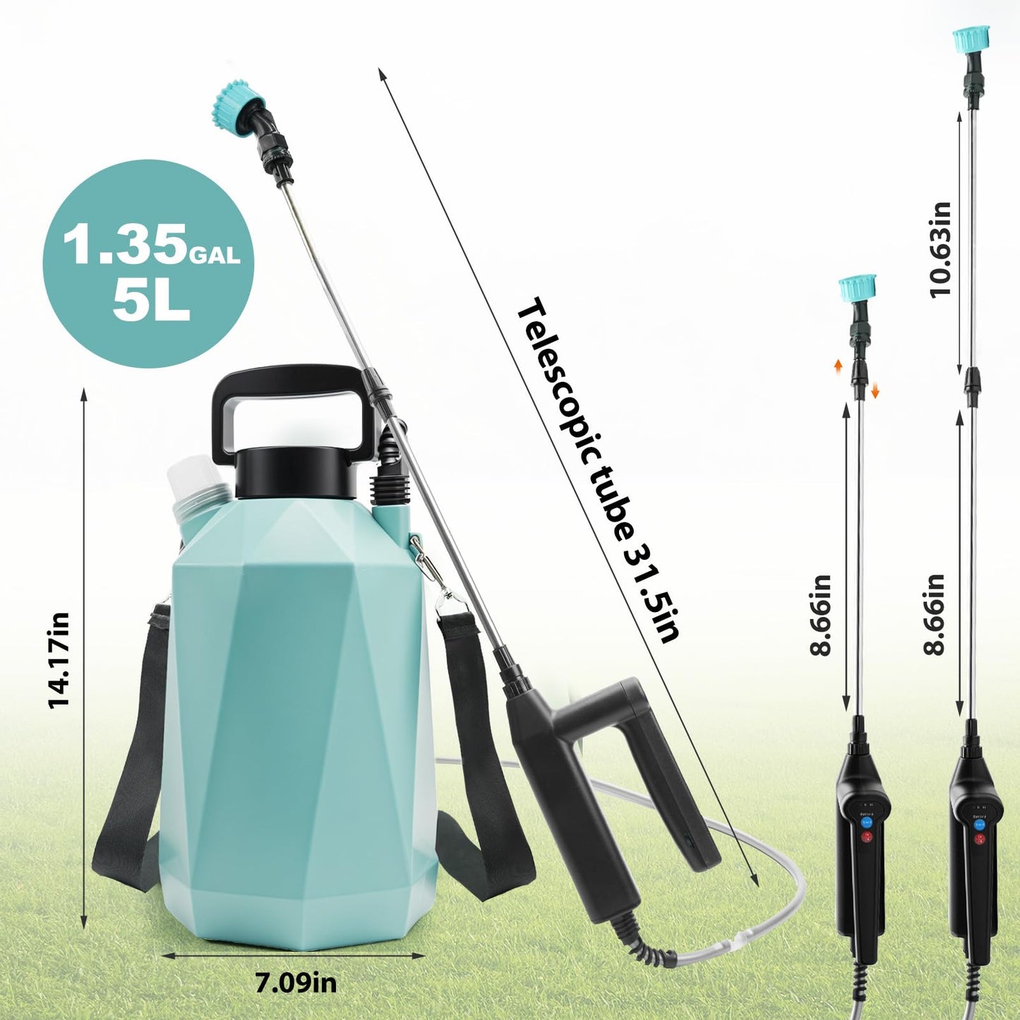 1.35 Gallon Battery Powered Sprayer, Electric Garden Sprayer with 3 Adjustable Pressures, Battery Indicator, Telescopic Wand, 4 Nozzles, Rechargeable Automatic Pump Sprayer for Lawn, Weed, Yard Care