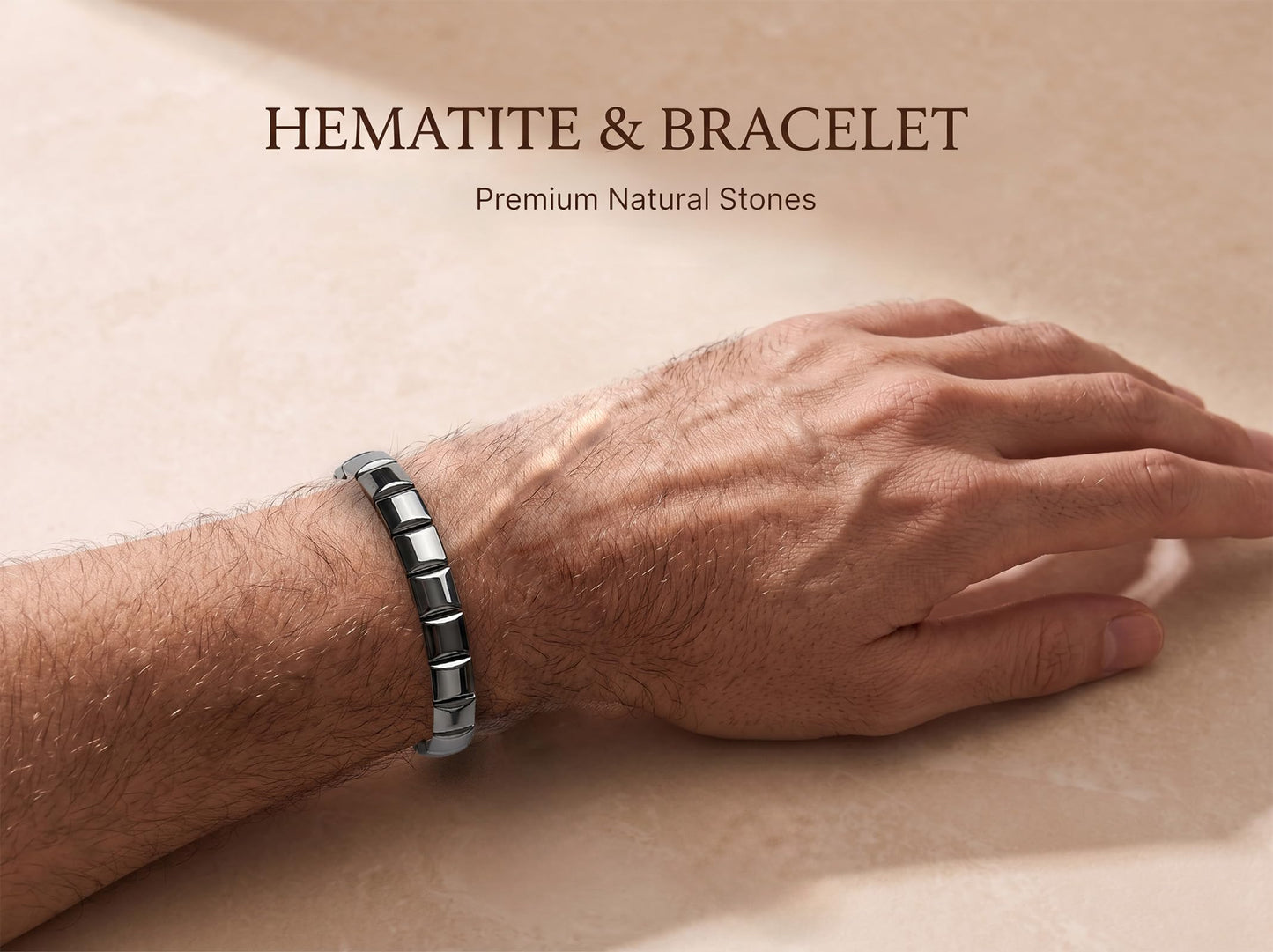 Jingming keji Mens Real Hematite Bracelet 7.8 inch - Natural Stone Square Beaded Black Jewelry with Strong Double Elastic Cord Wellness Power Bracelet with Gift Box