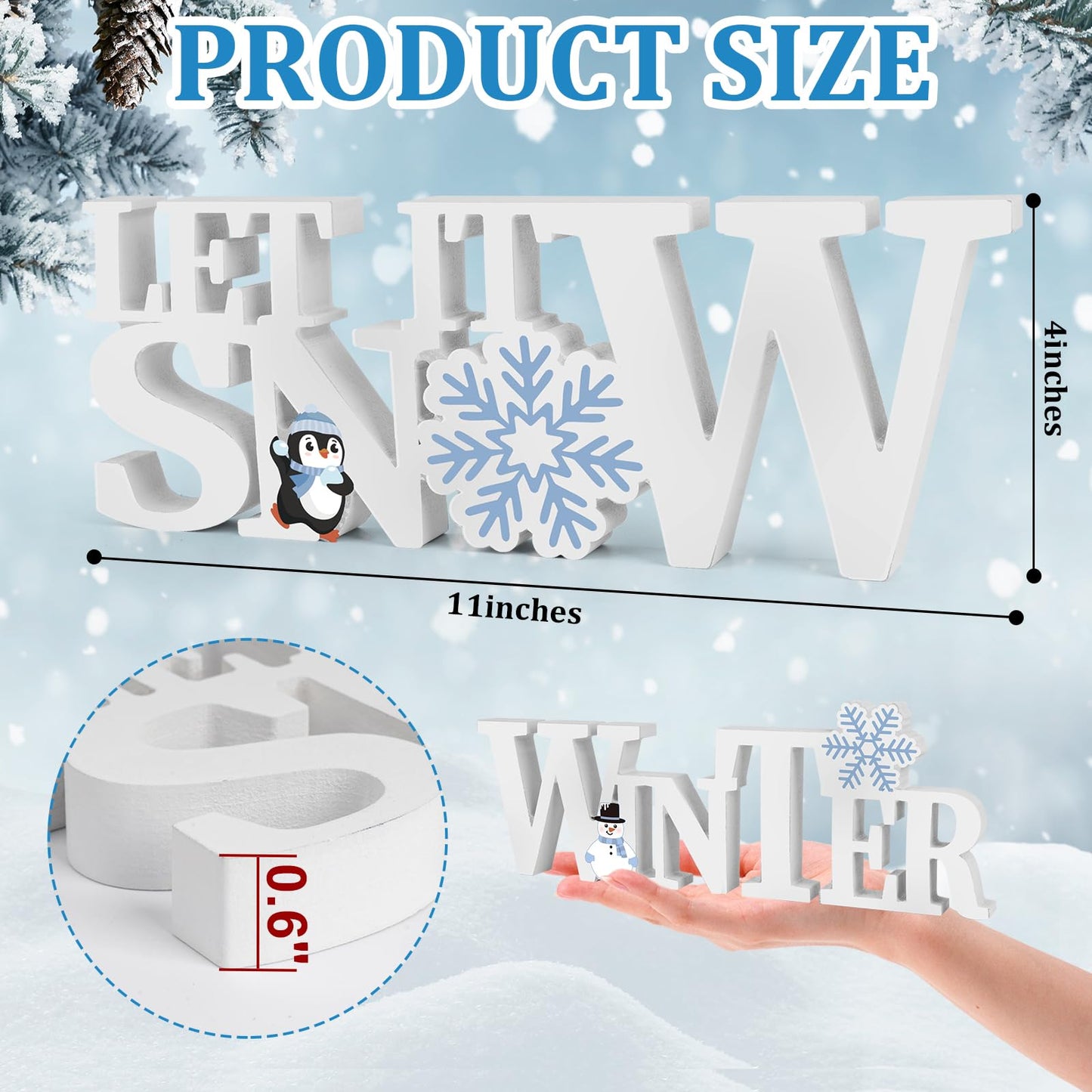 COCHIE Wooden Winter Let It Snow Sign, Snowflake Winter Decorations for Home, Office, Shelf, Mantel, Indoor, Blue White Wood Table Top Party Decor (White)