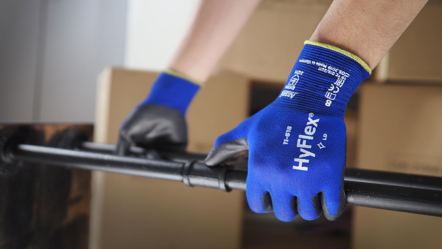 Ansell HyFlex 11-618 Ultra-Thin Industrial Safety Work Gloves for Auto, Machinery, Equipment, Fabrication - Size 9, Blue/Black (Pack of 12)