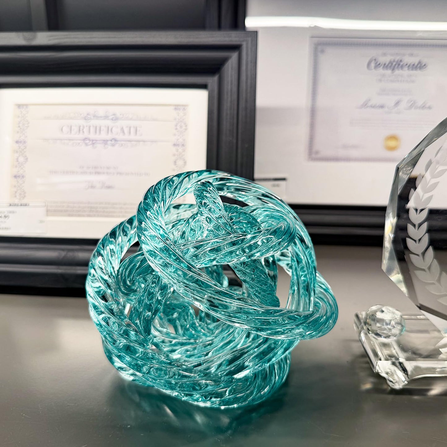 ORRFIDDY Glass Knot Teal Orbit Ball - 5 Inch Hand Blown Infinity Sculpture Decor Glass Orbit Home Decor Table Decoration Interio Art