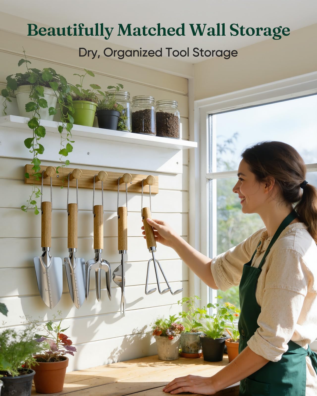 Grenebo Wood Wall Hooks Organizer Gardening Tool Set, 6-Piece Garden Tools with 5 Sturdy Wooden Hooks for Wall, Rust-Proof Outdoor Garden Tool Set, Gardening Gifts for Women, Coat Rack Wall Mount