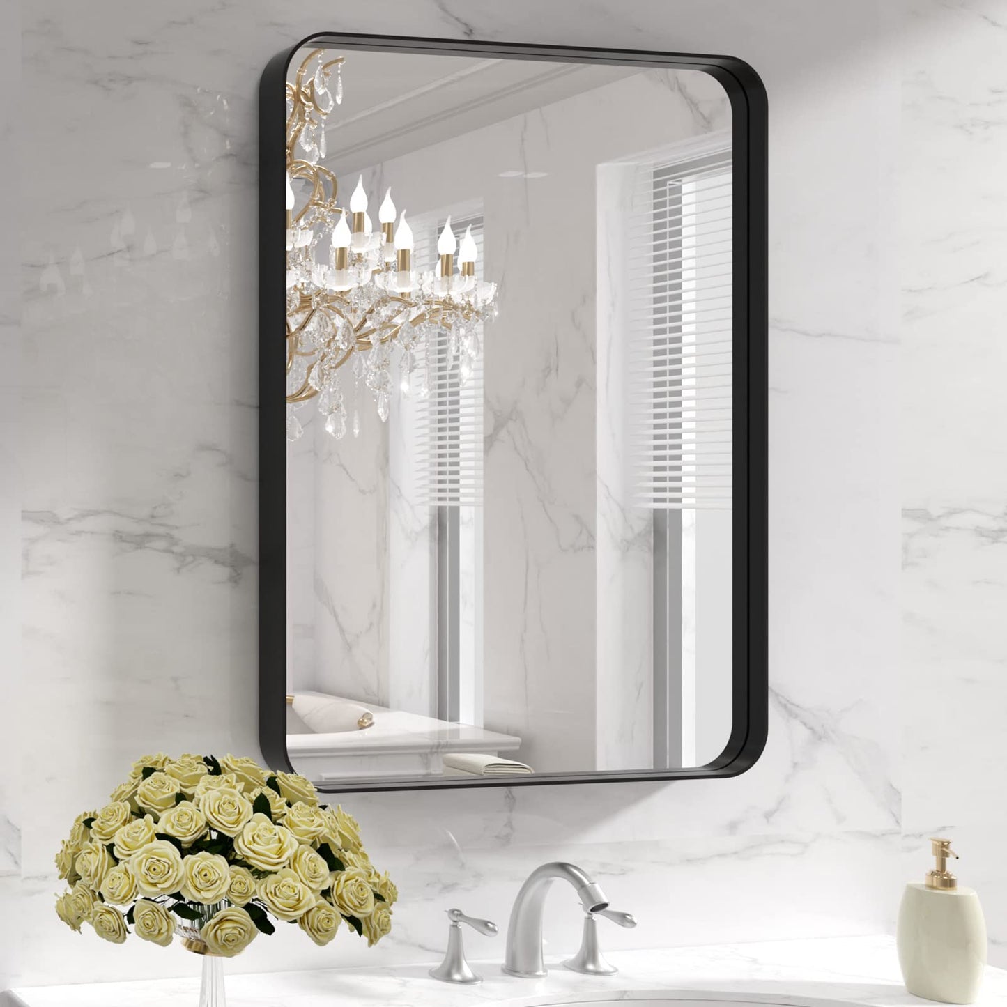 LOAAO Black Metal Framed Bathroom Mirror for Wall, 22X30 Inch Rounded Rectangle Mirror, Matte Black Bathroom Vanity Mirror Farmhouse, Anti-Rust, Hangs Horizontally or Vertically